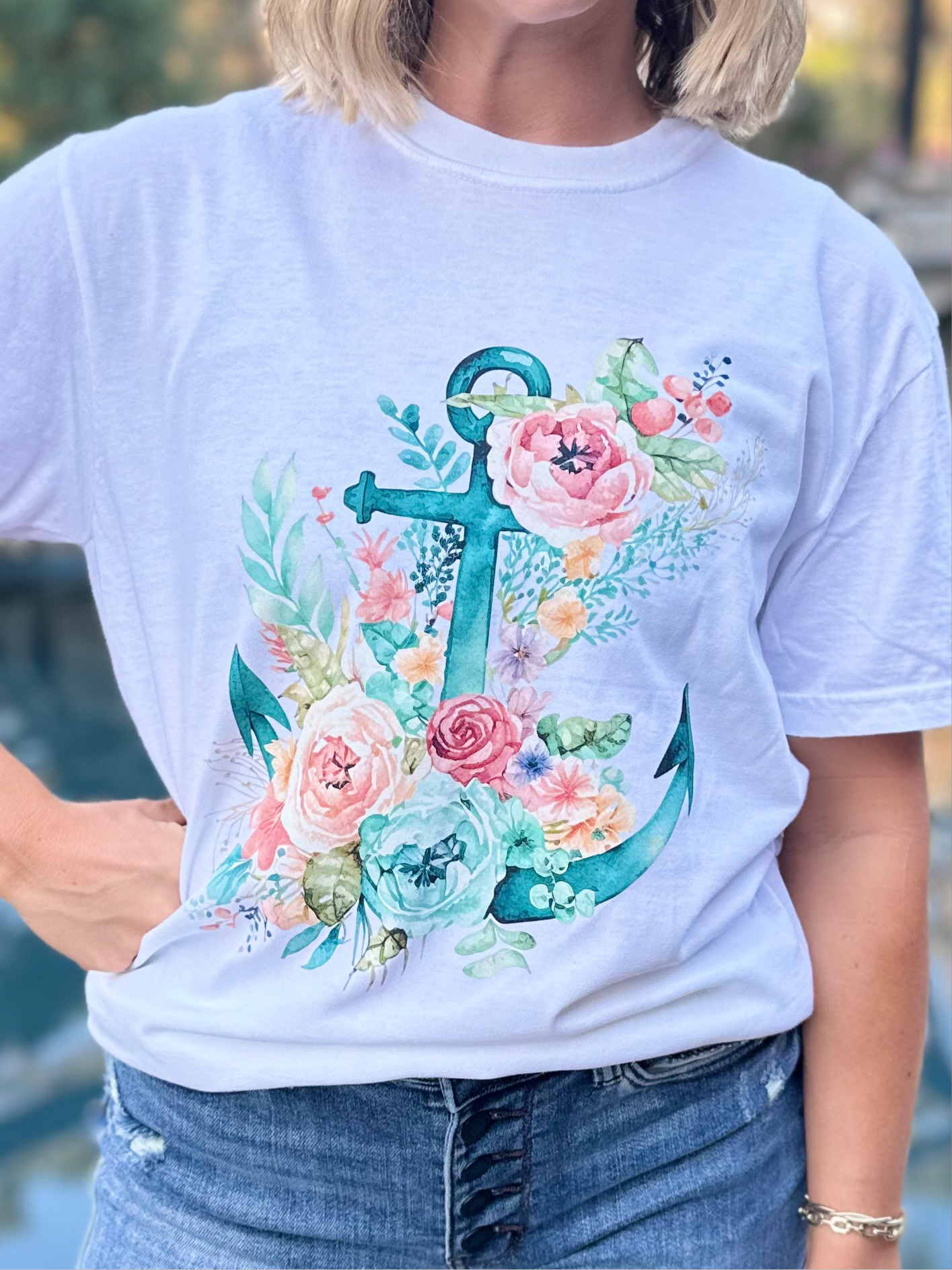 Floral Anchor Graphic Tee - White-130 Graphic Tees-Heathered Boho-Heathered Boho Boutique, Women's Fashion and Accessories in Palmetto, FL