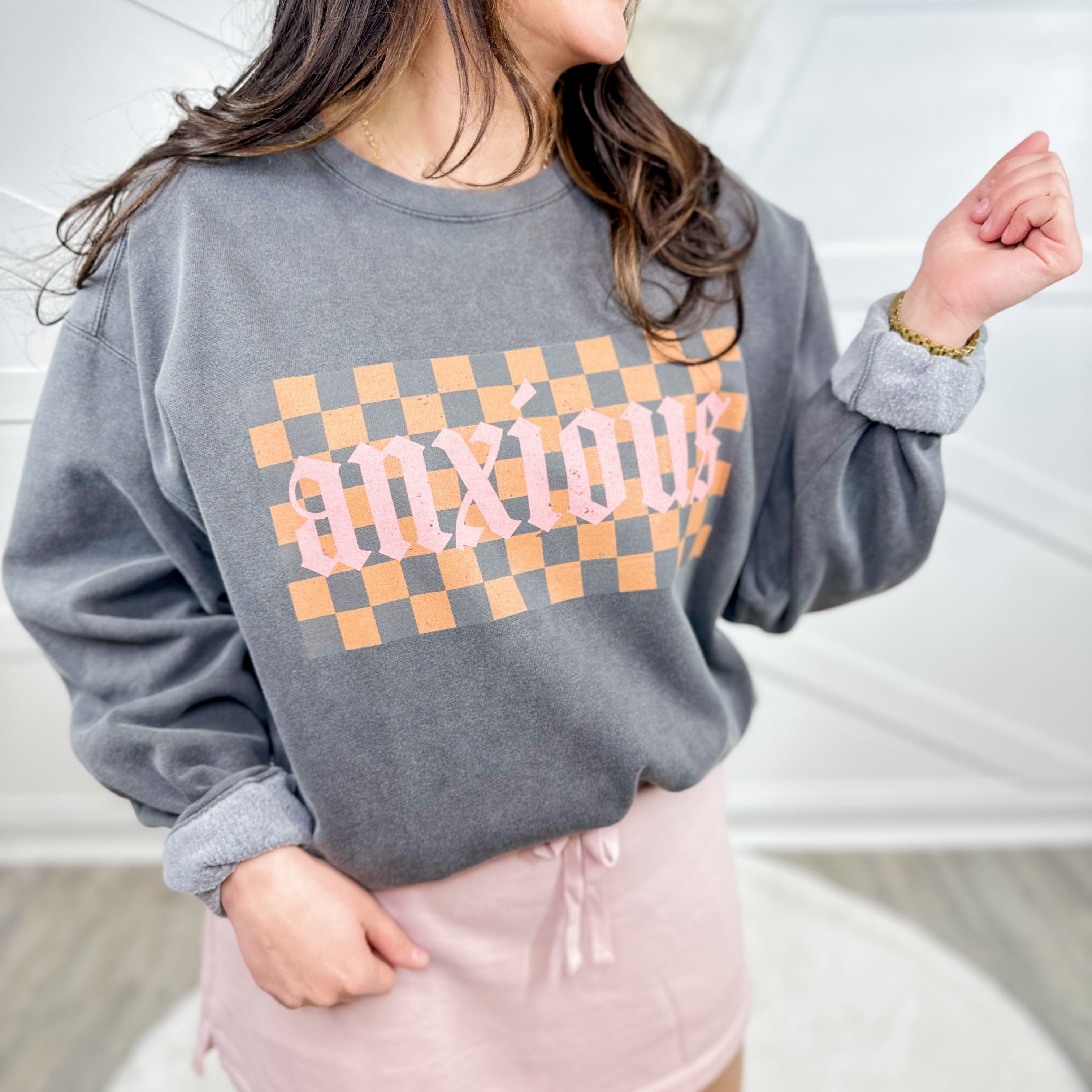 Checkered Anxious Graphic Sweatshirt-130 Graphic Tees-Heathered Boho-Heathered Boho Boutique, Women's Fashion and Accessories in Palmetto, FL