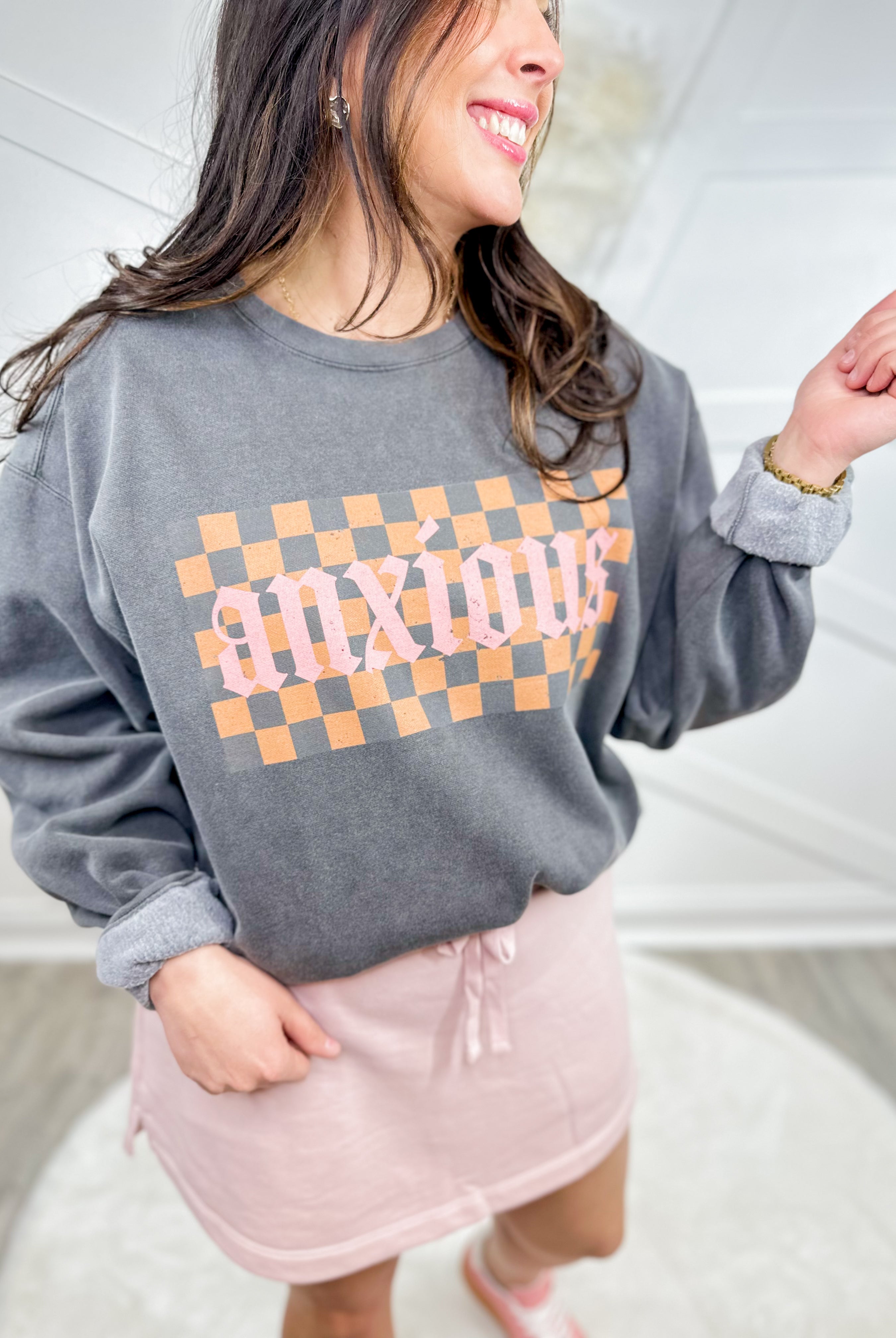 Checkered Anxious Graphic Sweatshirt-130 Graphic Tees-Heathered Boho-Heathered Boho Boutique, Women's Fashion and Accessories in Palmetto, FL