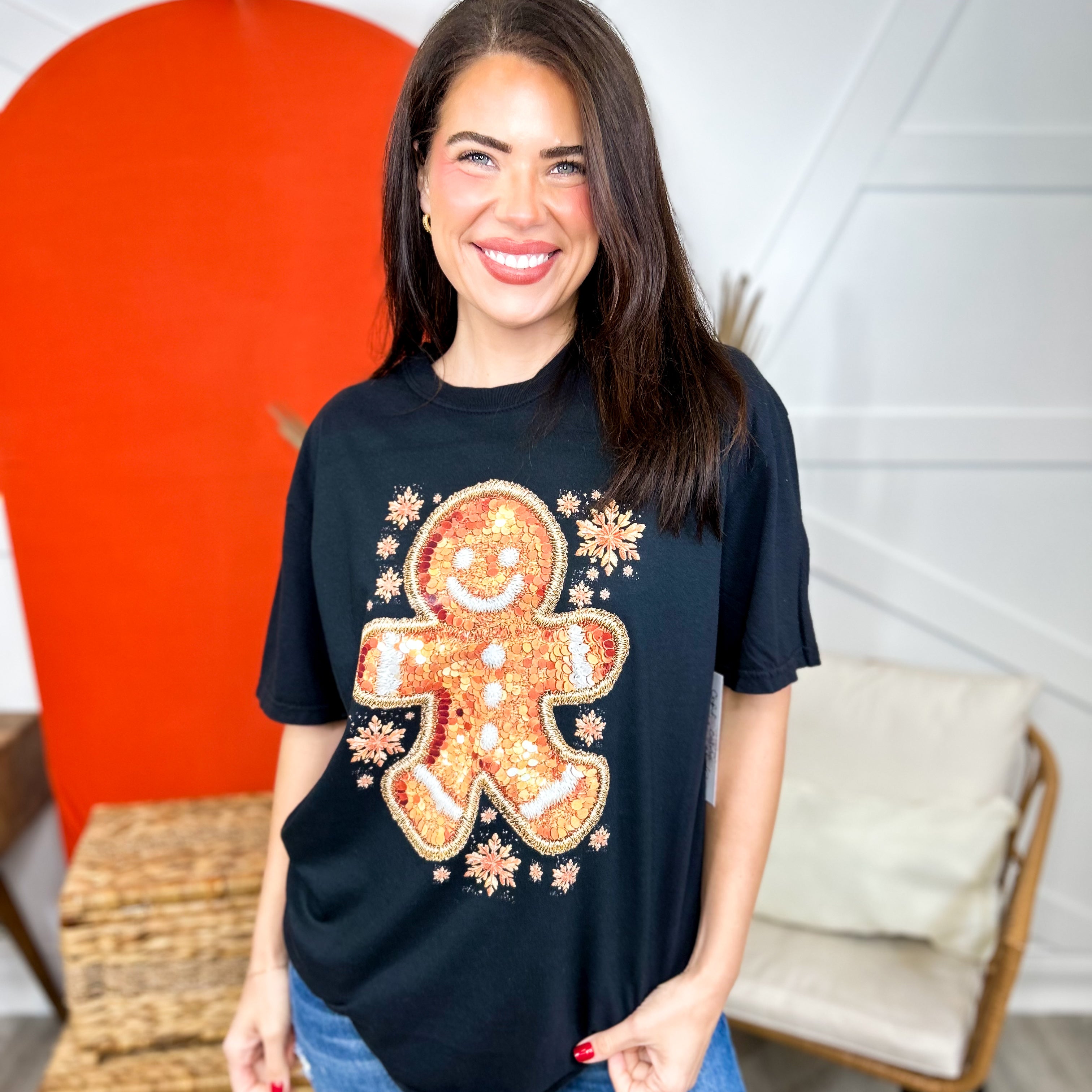Sequin Gingerbread Man Graphic Tee-130 Graphic Tees-Heathered Boho-Heathered Boho Boutique, Women's Fashion and Accessories in Palmetto, FL