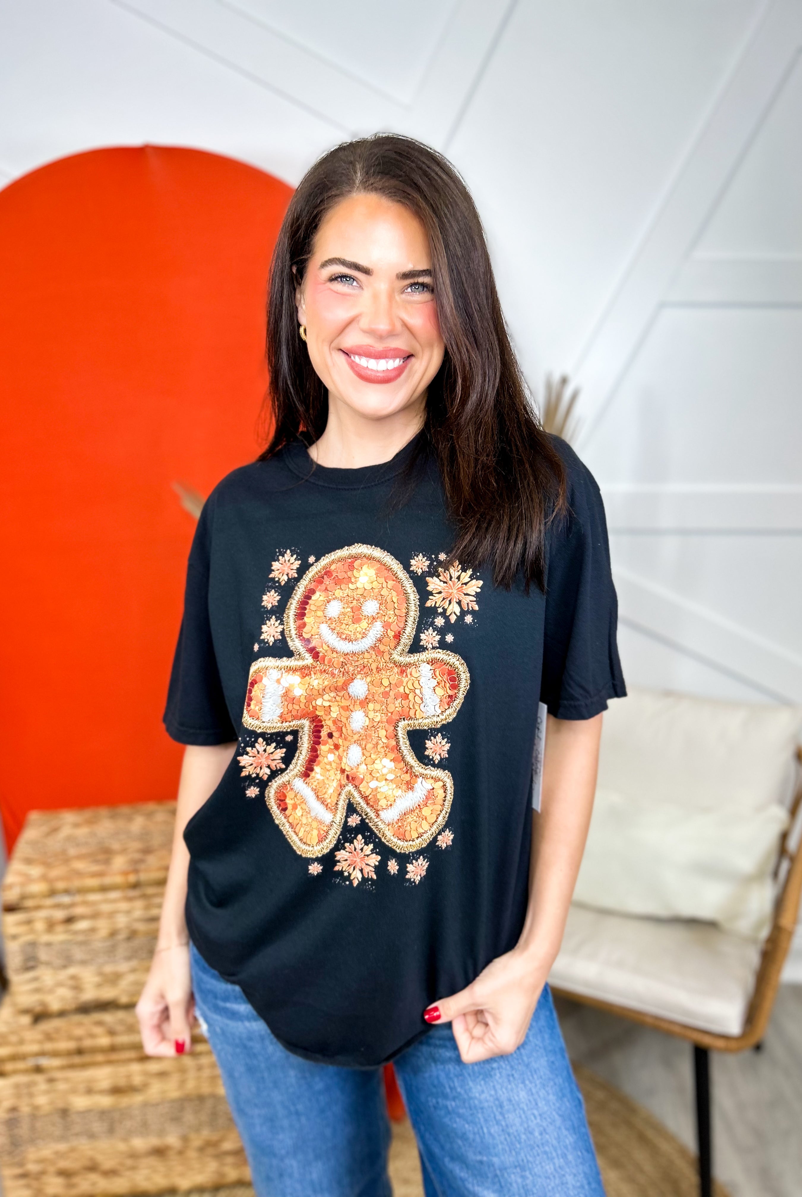 Sequin Gingerbread Man Graphic Tee-130 Graphic Tees-Heathered Boho-Heathered Boho Boutique, Women's Fashion and Accessories in Palmetto, FL