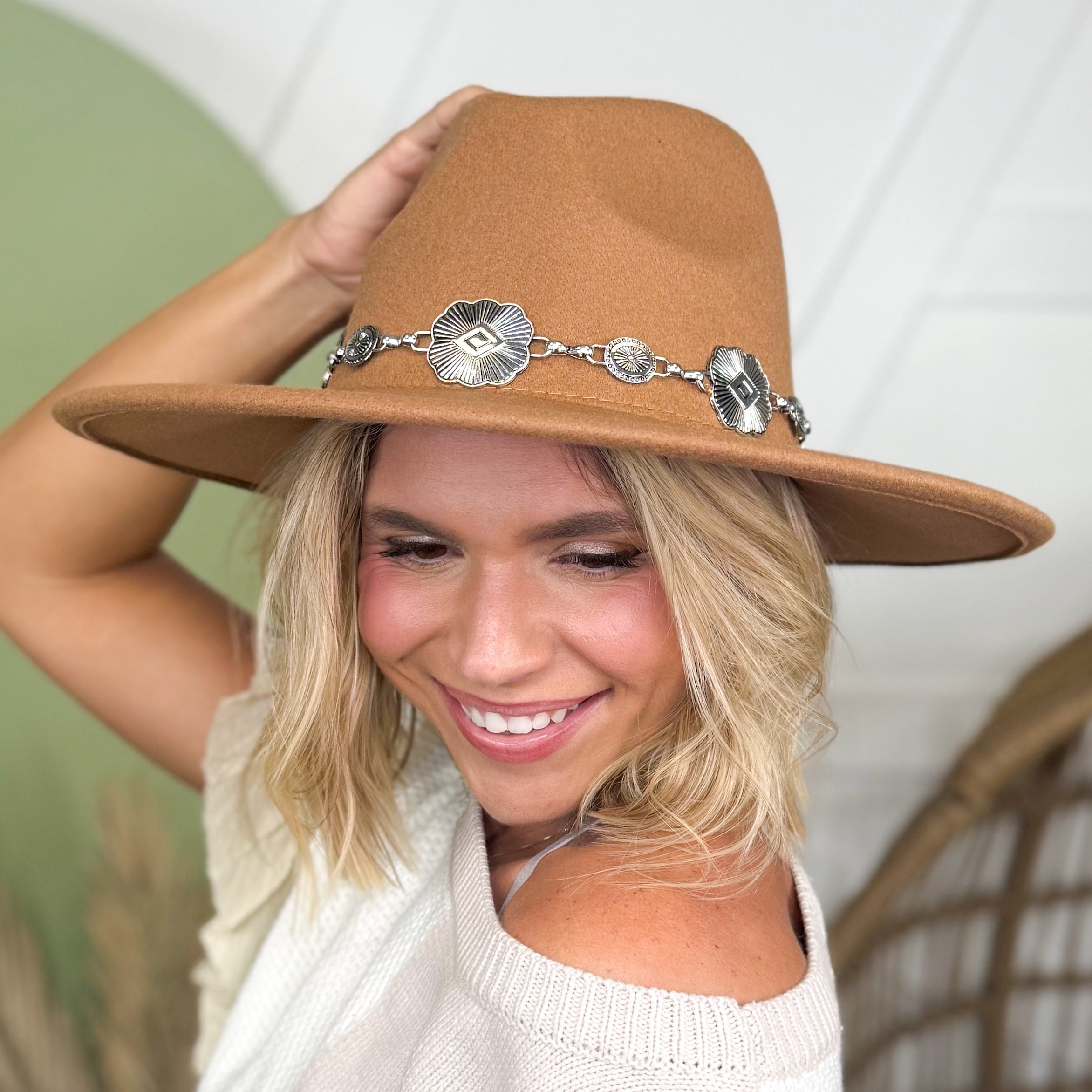 Concho Chain Strap Flat Brim Fedora Fashion Hat-330 Headwear-Fame Accessories-Heathered Boho Boutique, Women's Fashion and Accessories in Palmetto, FL