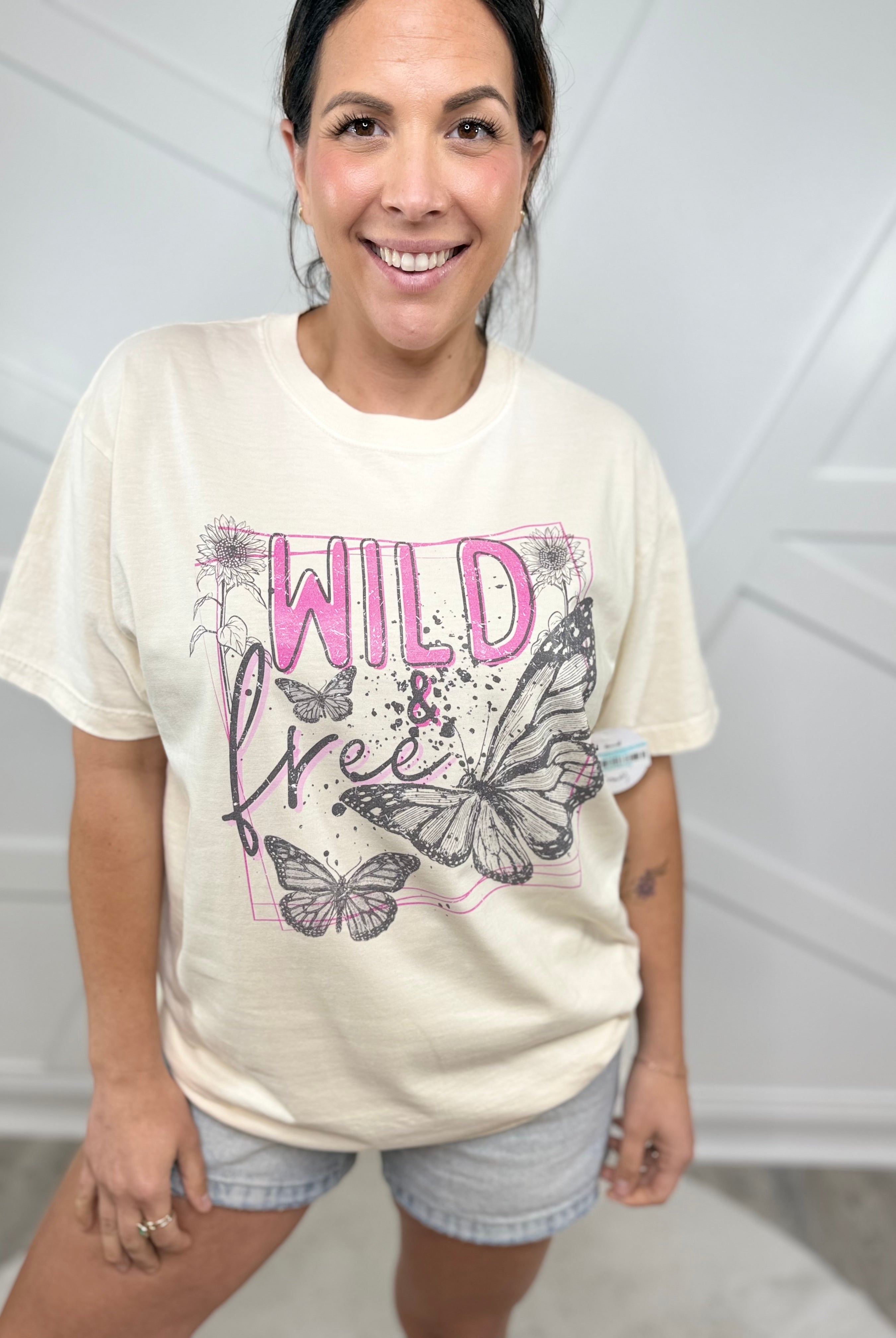Wild and Free Butterfly Graphic Tee - Ivory-130 Graphic Tees-Heathered Boho-Heathered Boho Boutique, Women's Fashion and Accessories in Palmetto, FL