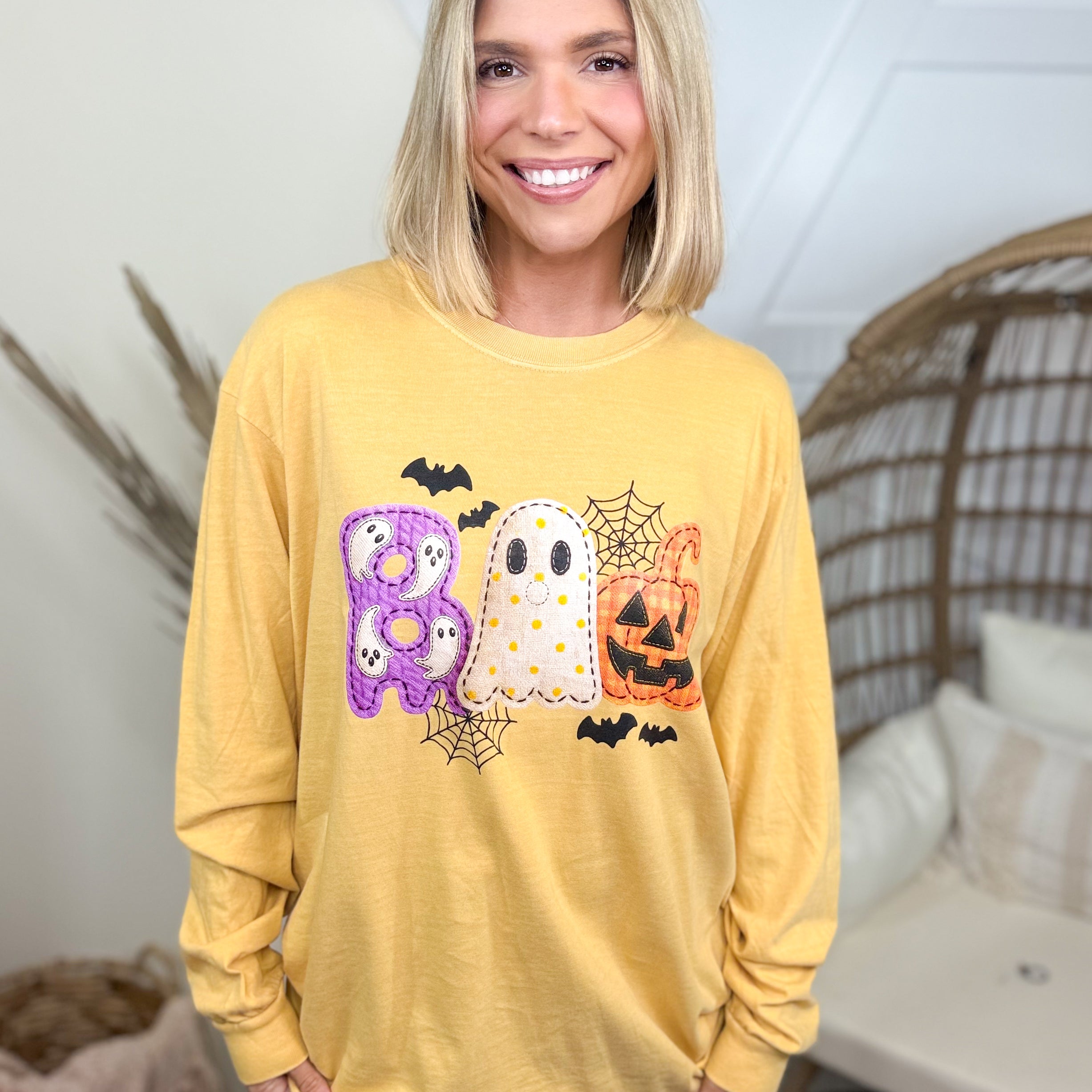 Patchwork Boo Graphic Long Sleeve-130 Graphic Tees-Heathered Boho-Heathered Boho Boutique, Women's Fashion and Accessories in Palmetto, FL