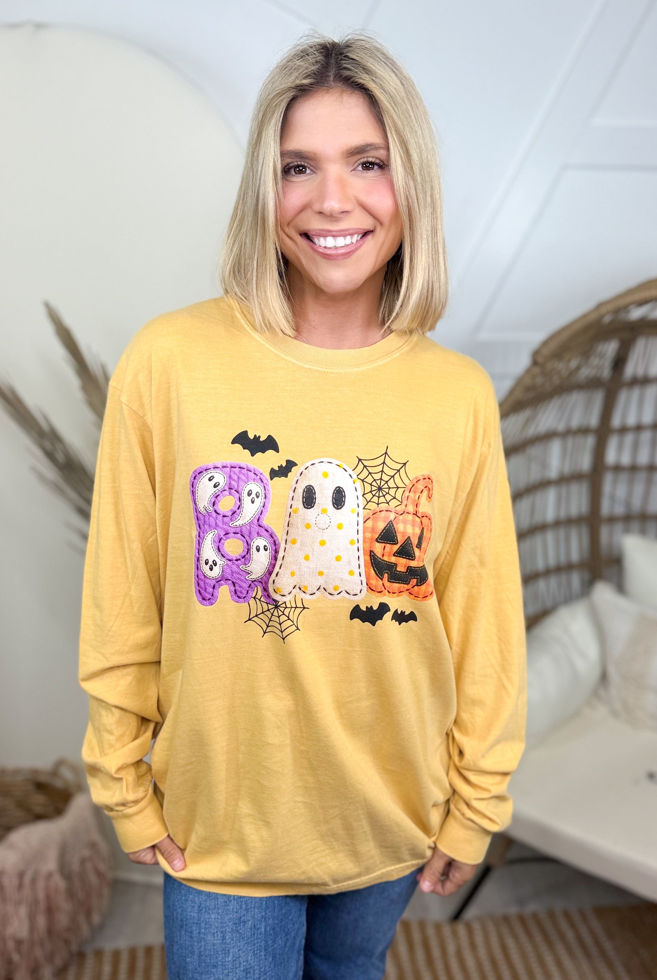 Patchwork Boo Graphic Long Sleeve-130 Graphic Tees-Heathered Boho-Heathered Boho Boutique, Women's Fashion and Accessories in Palmetto, FL