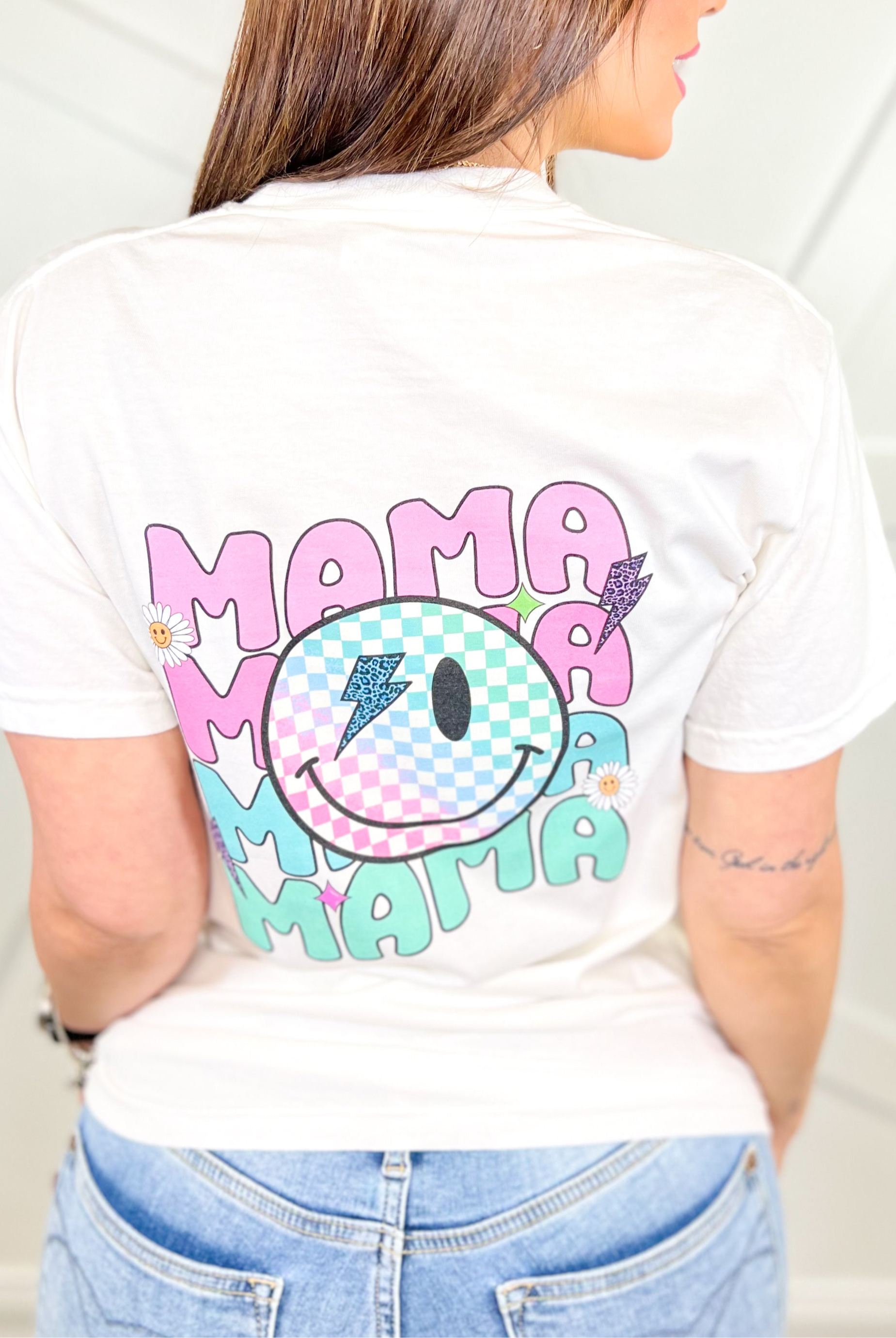 Mama Smiley Bolt Graphic Tee-130 Graphic Tees-Heathered Boho-Heathered Boho Boutique, Women's Fashion and Accessories in Palmetto, FL