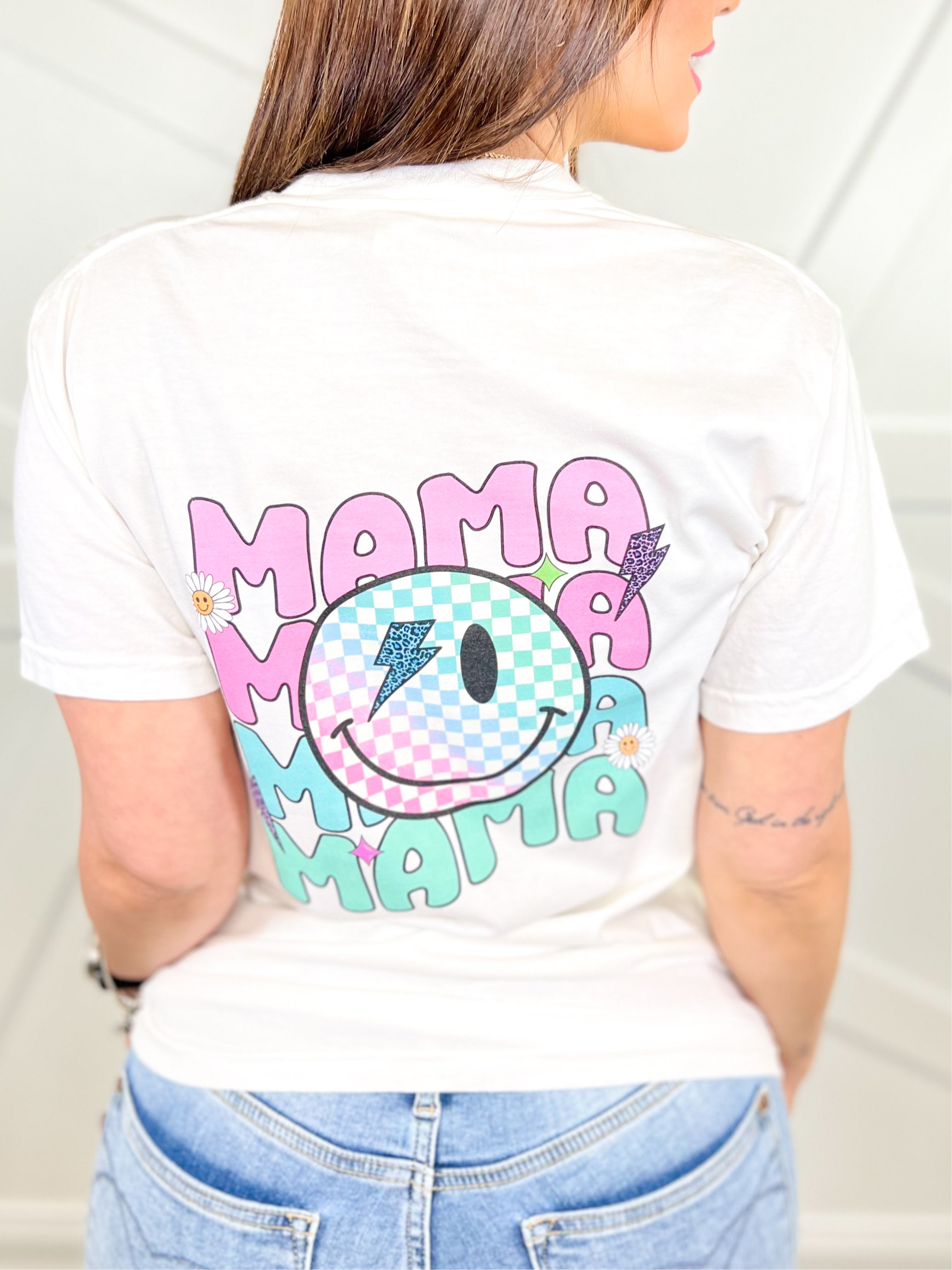 Mama Smiley Bolt Graphic Tee-130 Graphic Tees-Heathered Boho-Heathered Boho Boutique, Women's Fashion and Accessories in Palmetto, FL