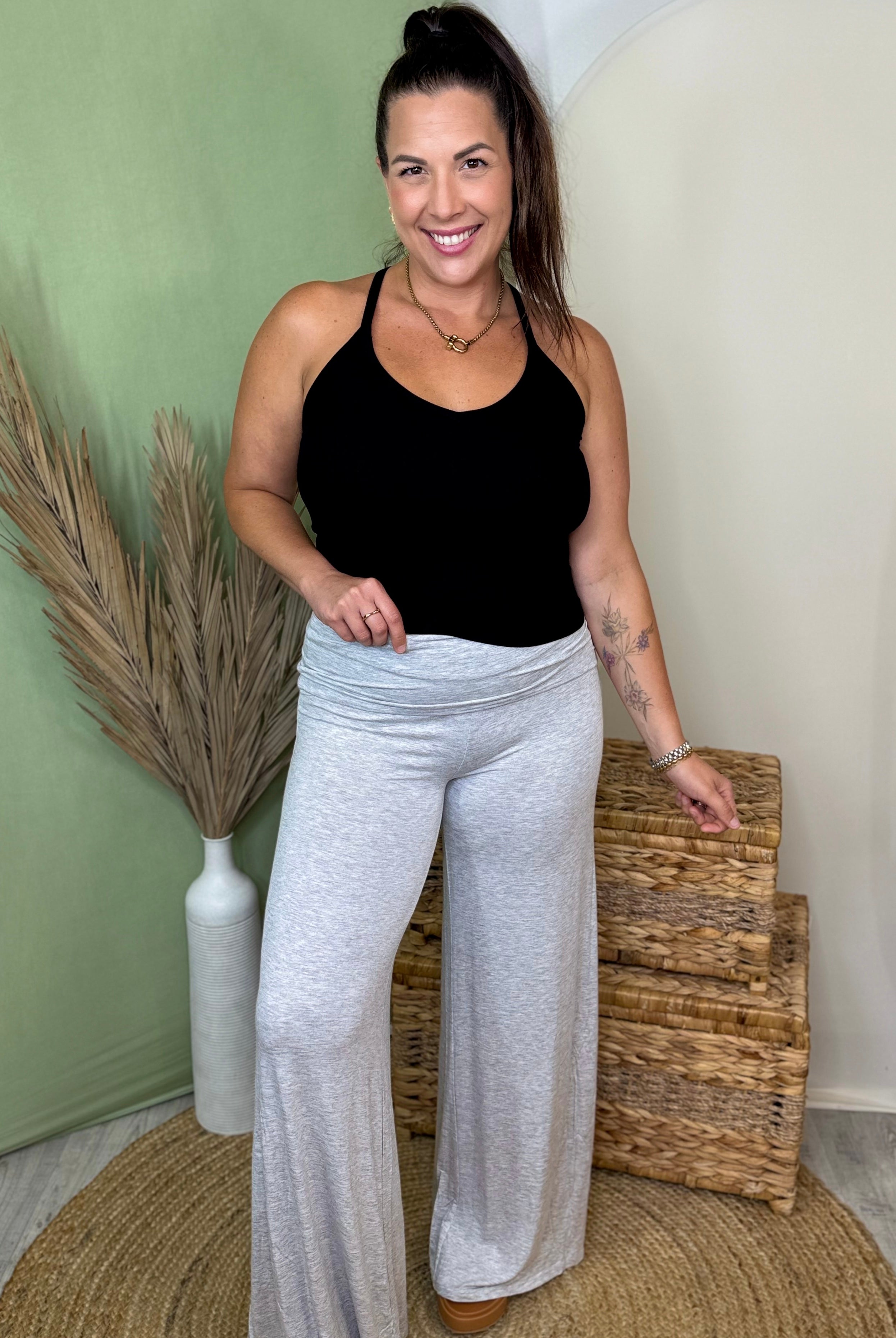 Cloud Nine Foldover Palazzo Pants-150 PANTS-ZENANA-Heathered Boho Boutique, Women's Fashion and Accessories in Palmetto, FL