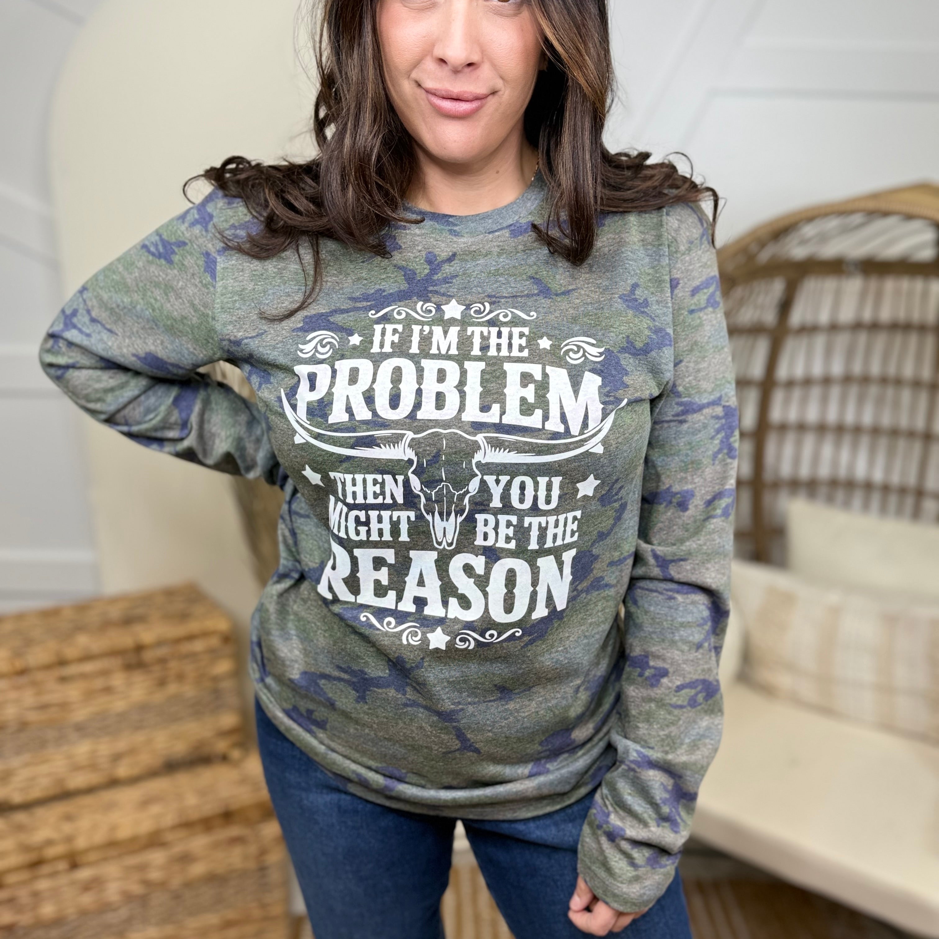 If I'm The Problem Graphic Long Sleeve-130 Graphic Tees-Heathered Boho-Heathered Boho Boutique, Women's Fashion and Accessories in Palmetto, FL