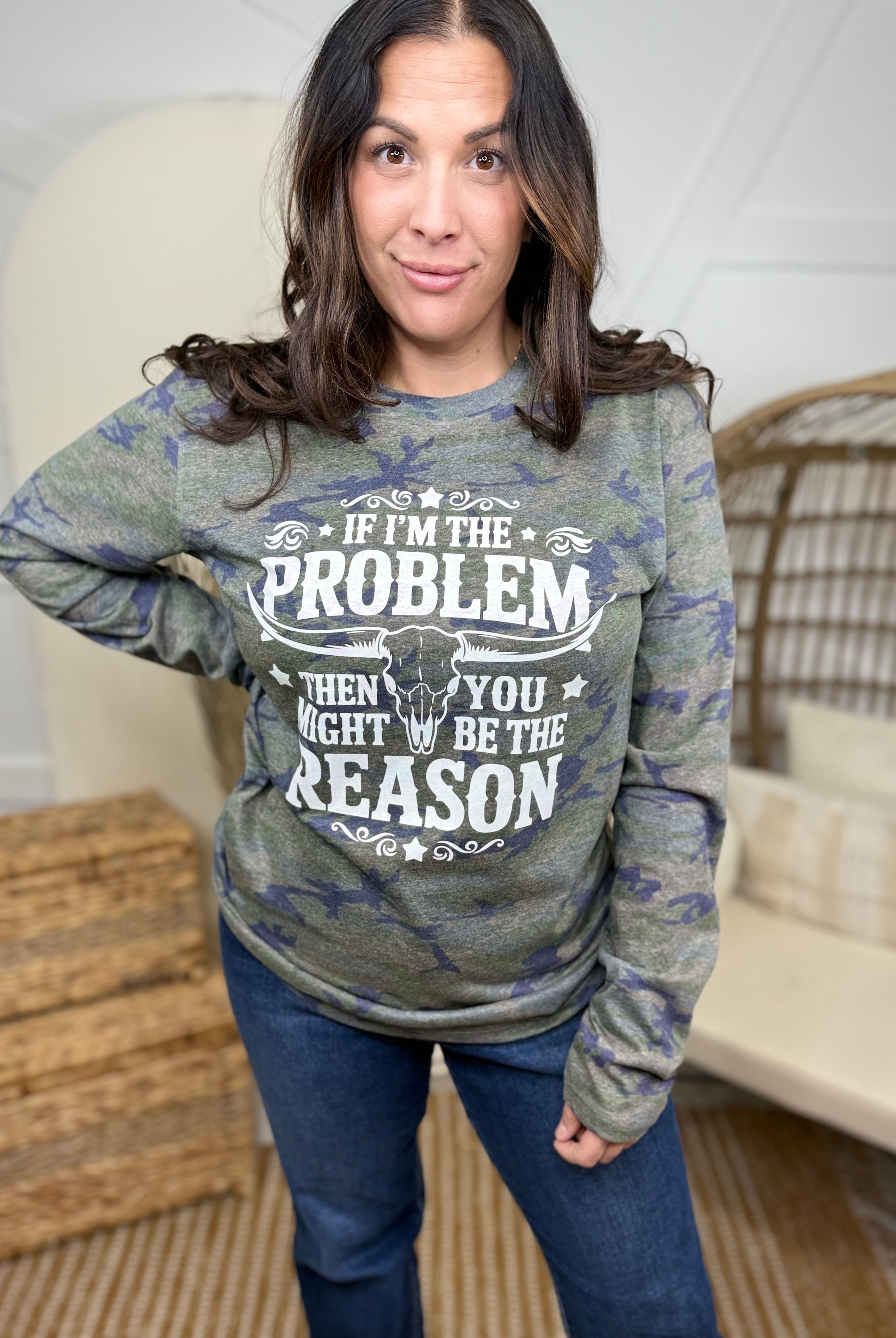 If I'm The Problem Graphic Long Sleeve-130 Graphic Tees-Heathered Boho-Heathered Boho Boutique, Women's Fashion and Accessories in Palmetto, FL