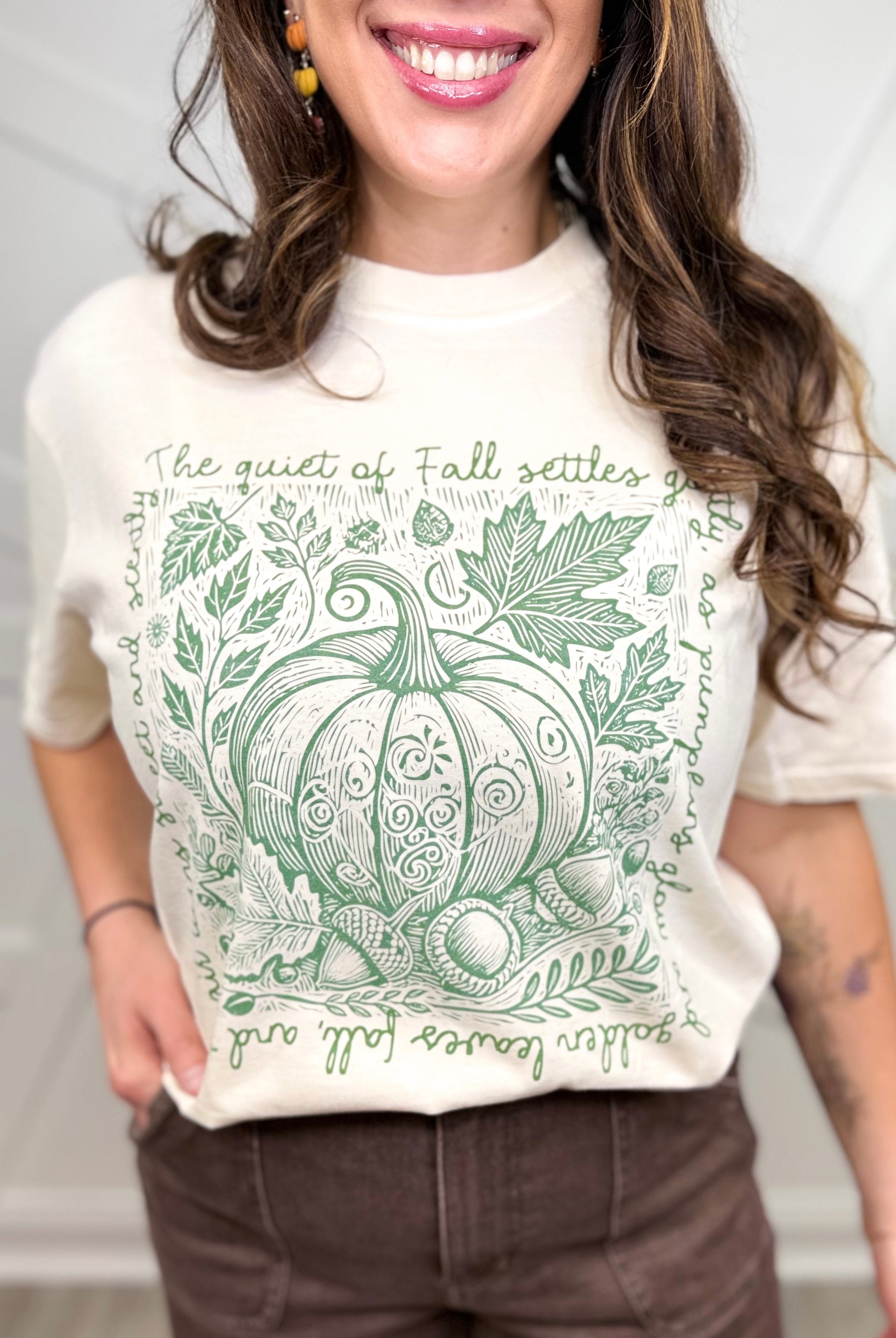 Pumpkin Sketch (Green Text) Graphic Tee-130 Graphic Tees-Heathered Boho-Heathered Boho Boutique, Women's Fashion and Accessories in Palmetto, FL