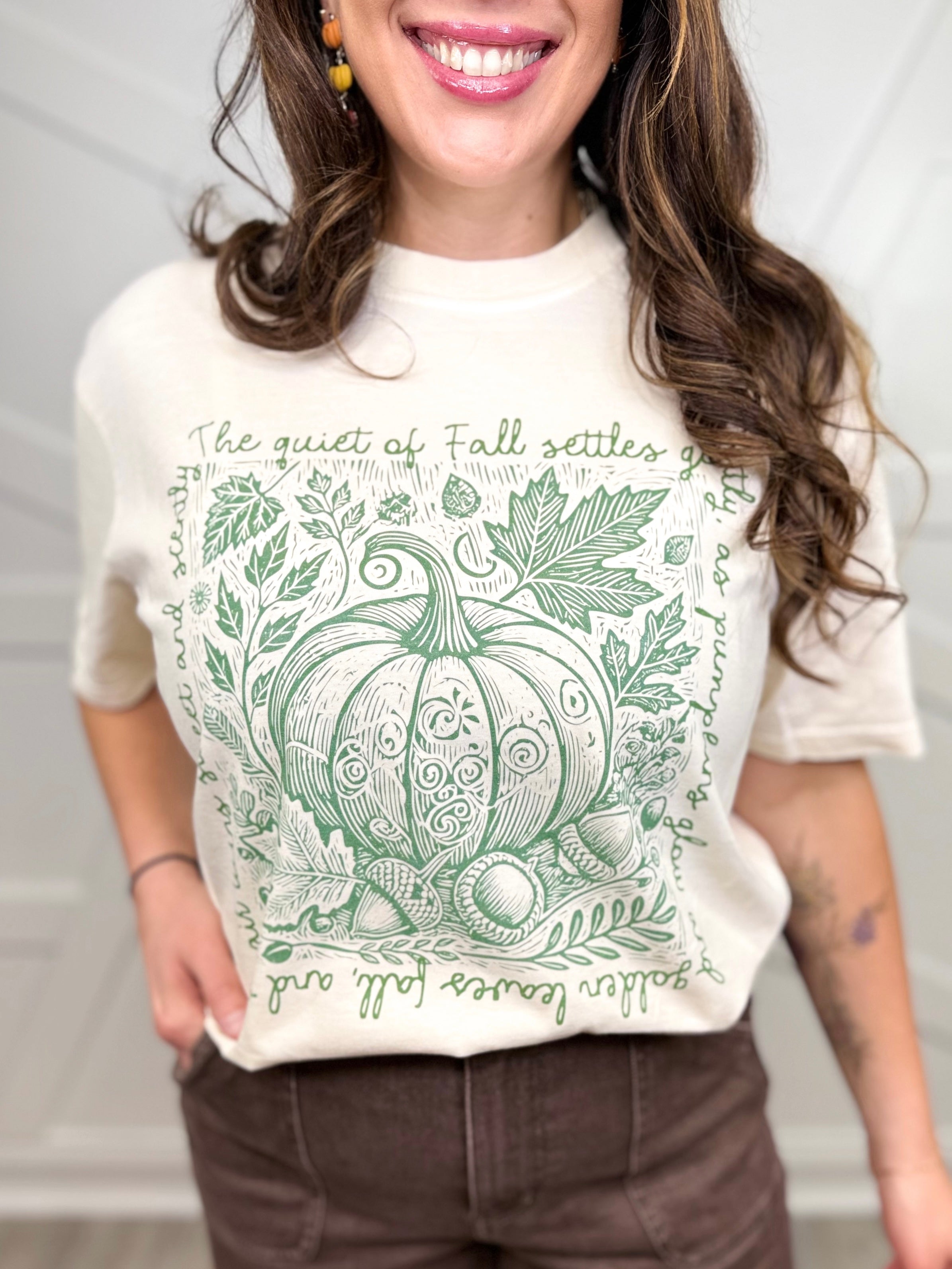 Pumpkin Sketch (Green Text) Graphic Tee-130 Graphic Tees-Heathered Boho-Heathered Boho Boutique, Women's Fashion and Accessories in Palmetto, FL