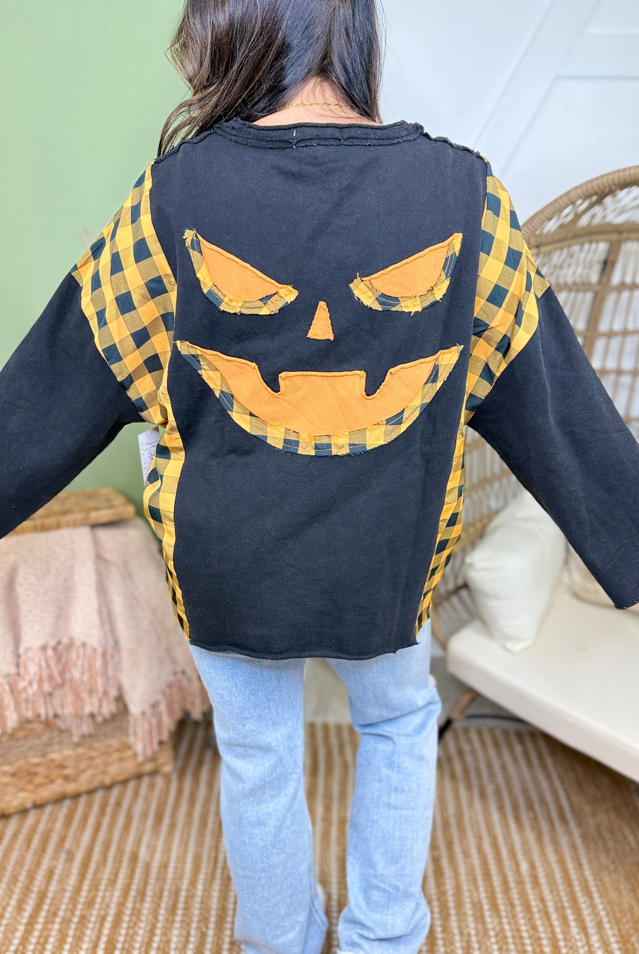 Halloween Spooky Face Top-120 Long Sleeve Tops-Mellow.-Heathered Boho Boutique, Women's Fashion and Accessories in Palmetto, FL