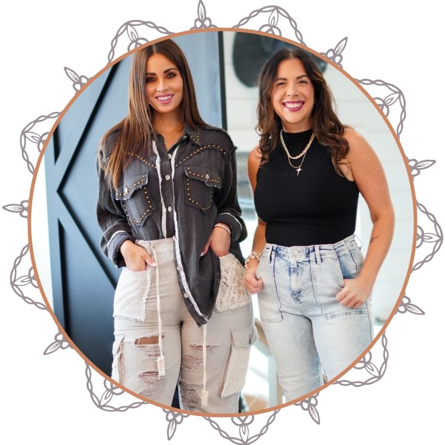 Two women standing side by side, wearing stylish outfits with a decorative border.