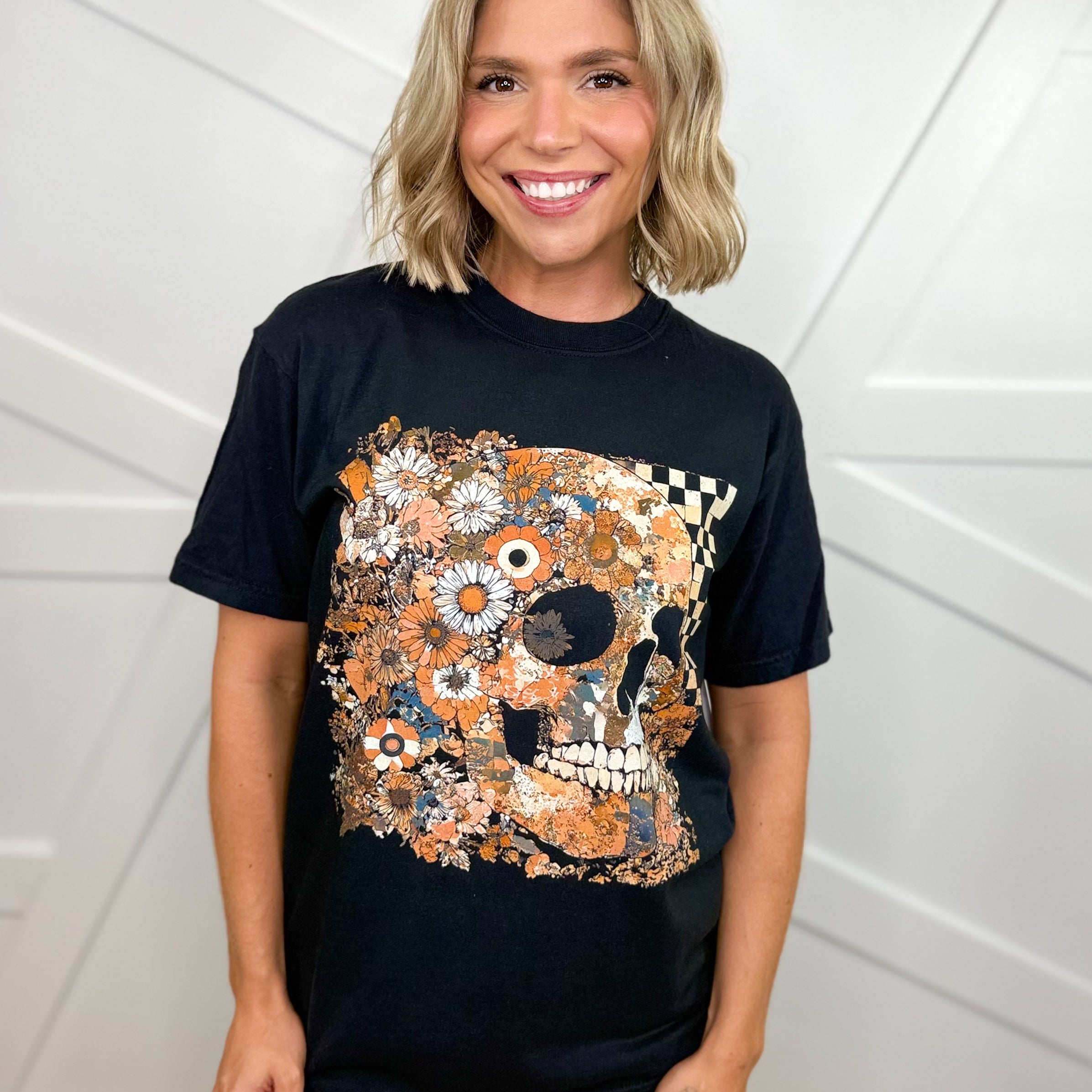 Floral Skull Graphic Tee-130 Graphic Tees-Heathered Boho-Heathered Boho Boutique, Women's Fashion and Accessories in Palmetto, FL