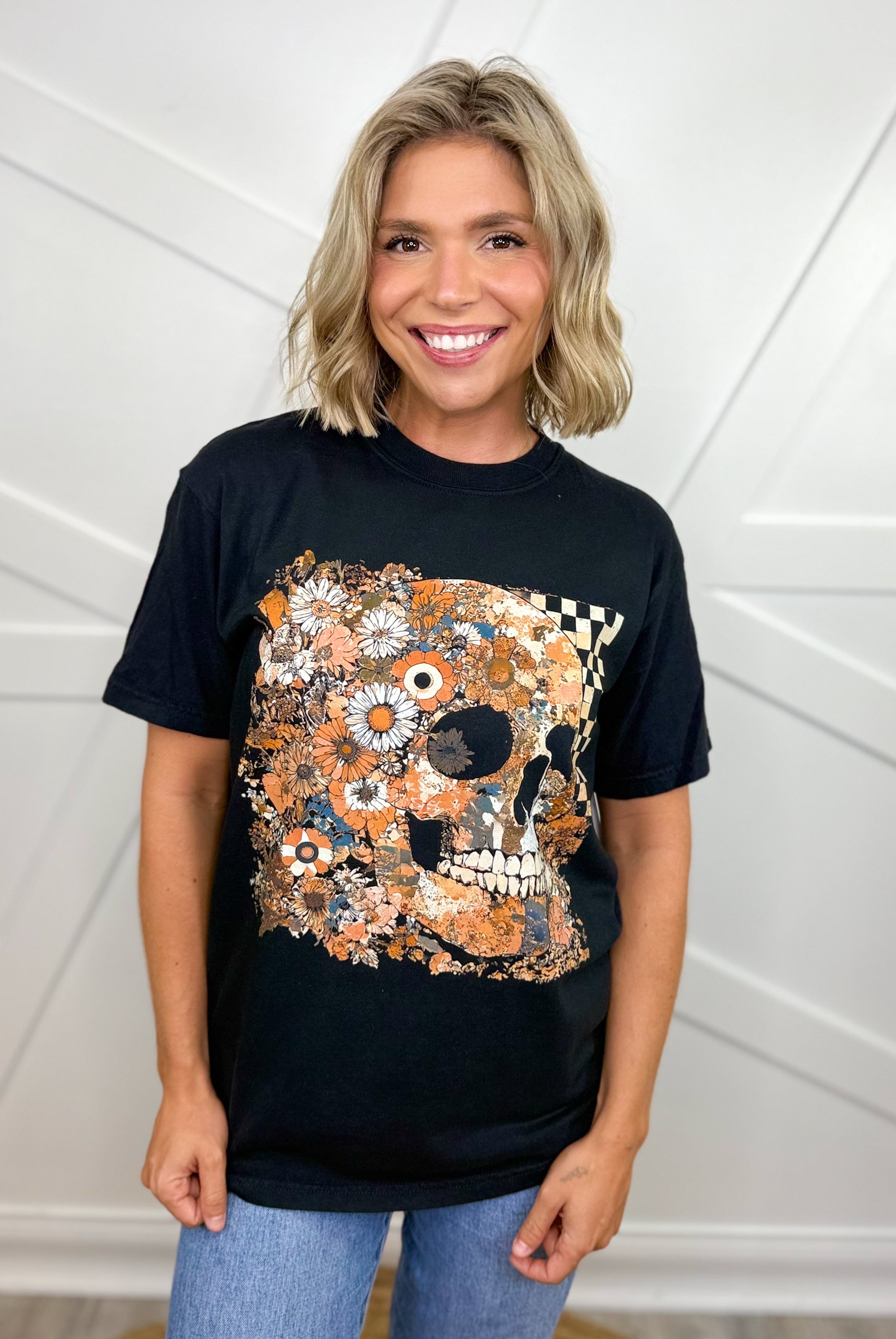 Floral Skull Graphic Tee-130 Graphic Tees-Heathered Boho-Heathered Boho Boutique, Women's Fashion and Accessories in Palmetto, FL