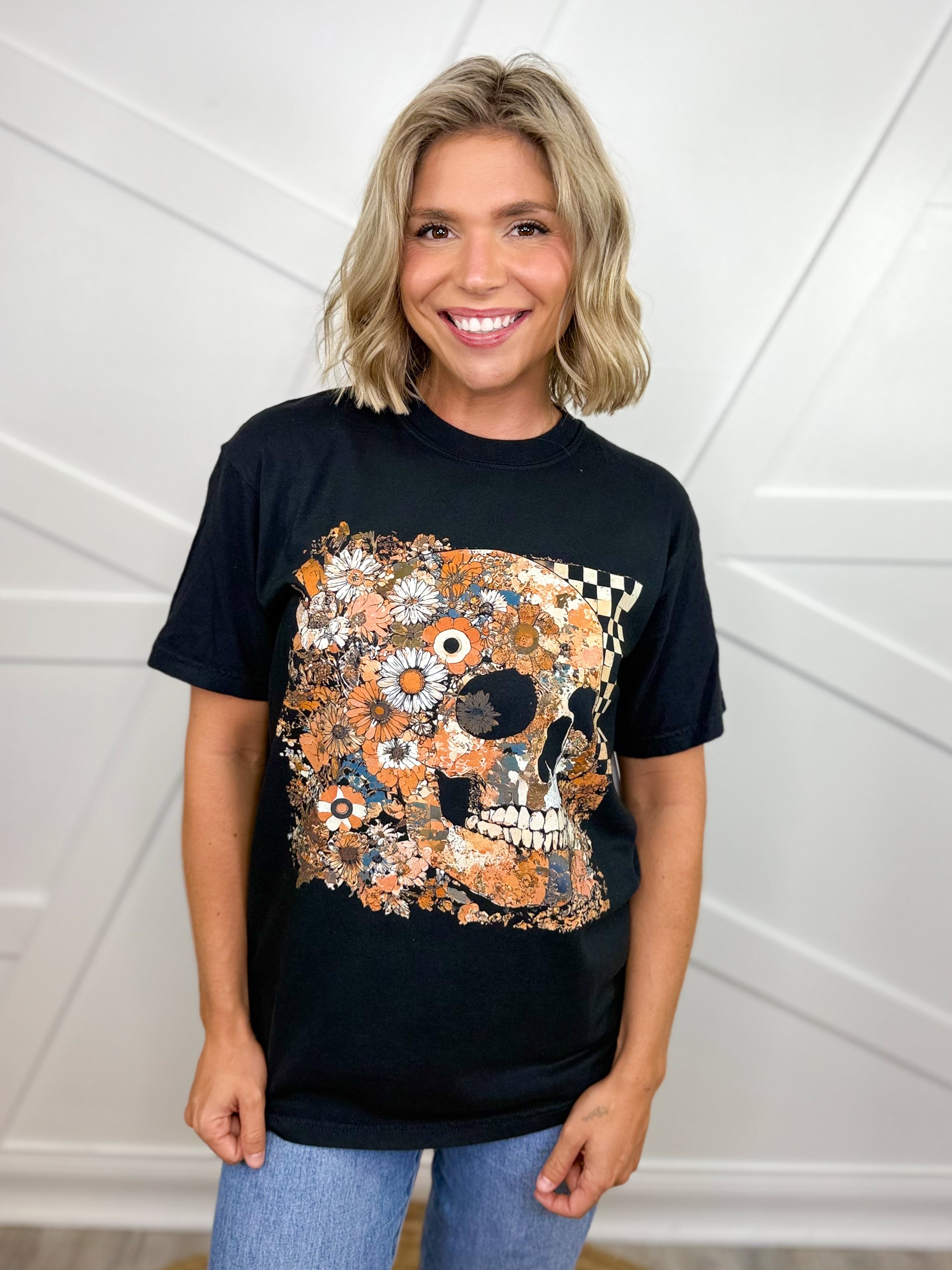 Floral Skull Graphic Tee-130 Graphic Tees-Heathered Boho-Heathered Boho Boutique, Women's Fashion and Accessories in Palmetto, FL