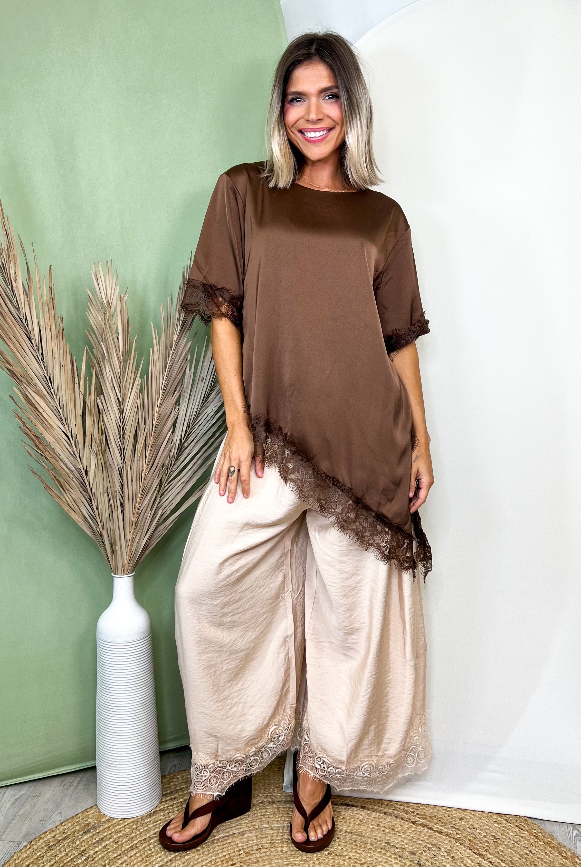 Lace & Leisure Wide Leg Pants-150 PANTS-ODDI-Heathered Boho Boutique, Women's Fashion and Accessories in Palmetto, FL