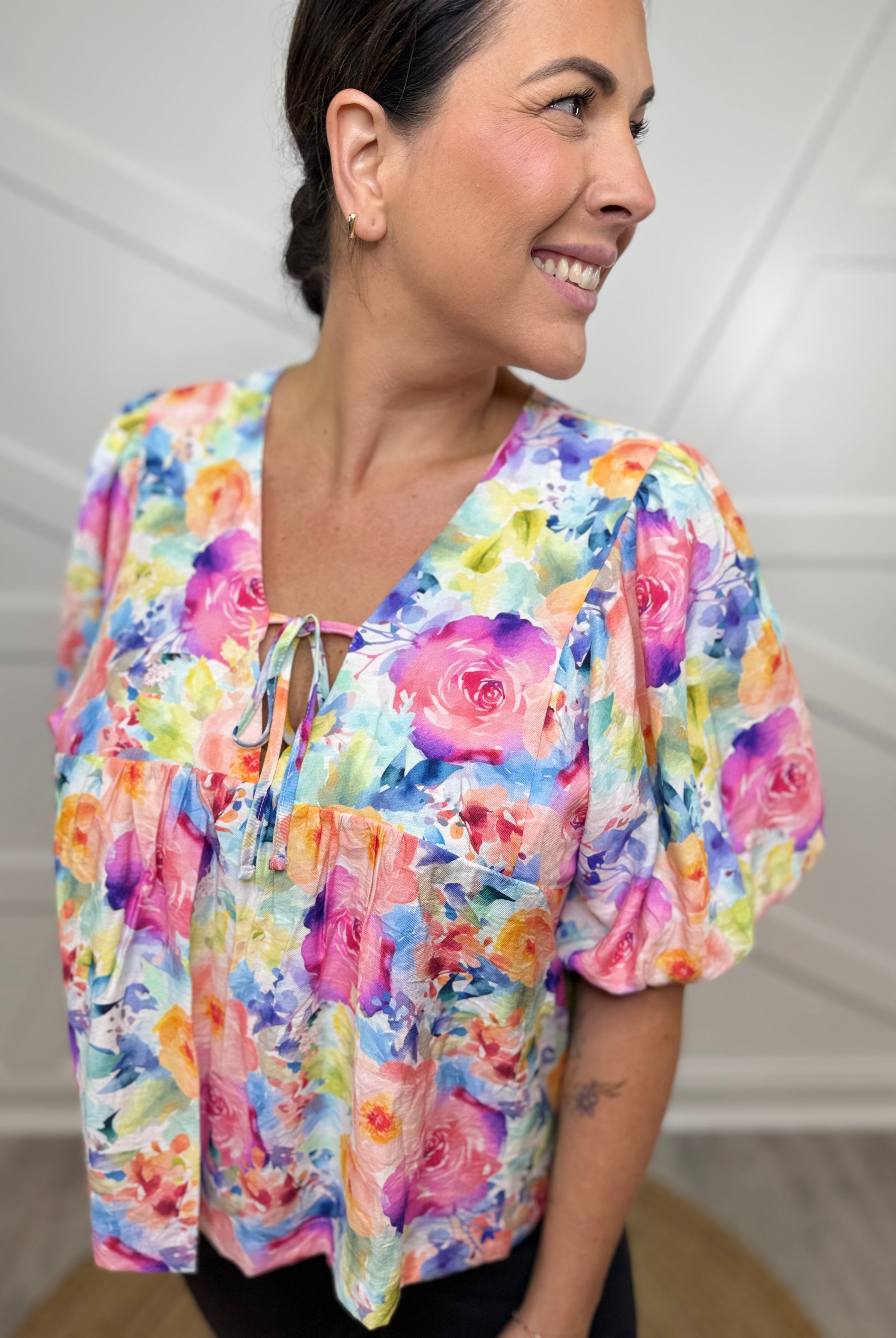 Floral Foundation Top-110 SHORT SLEEVE TOP-Bibi-Heathered Boho Boutique, Women's Fashion and Accessories in Palmetto, FL