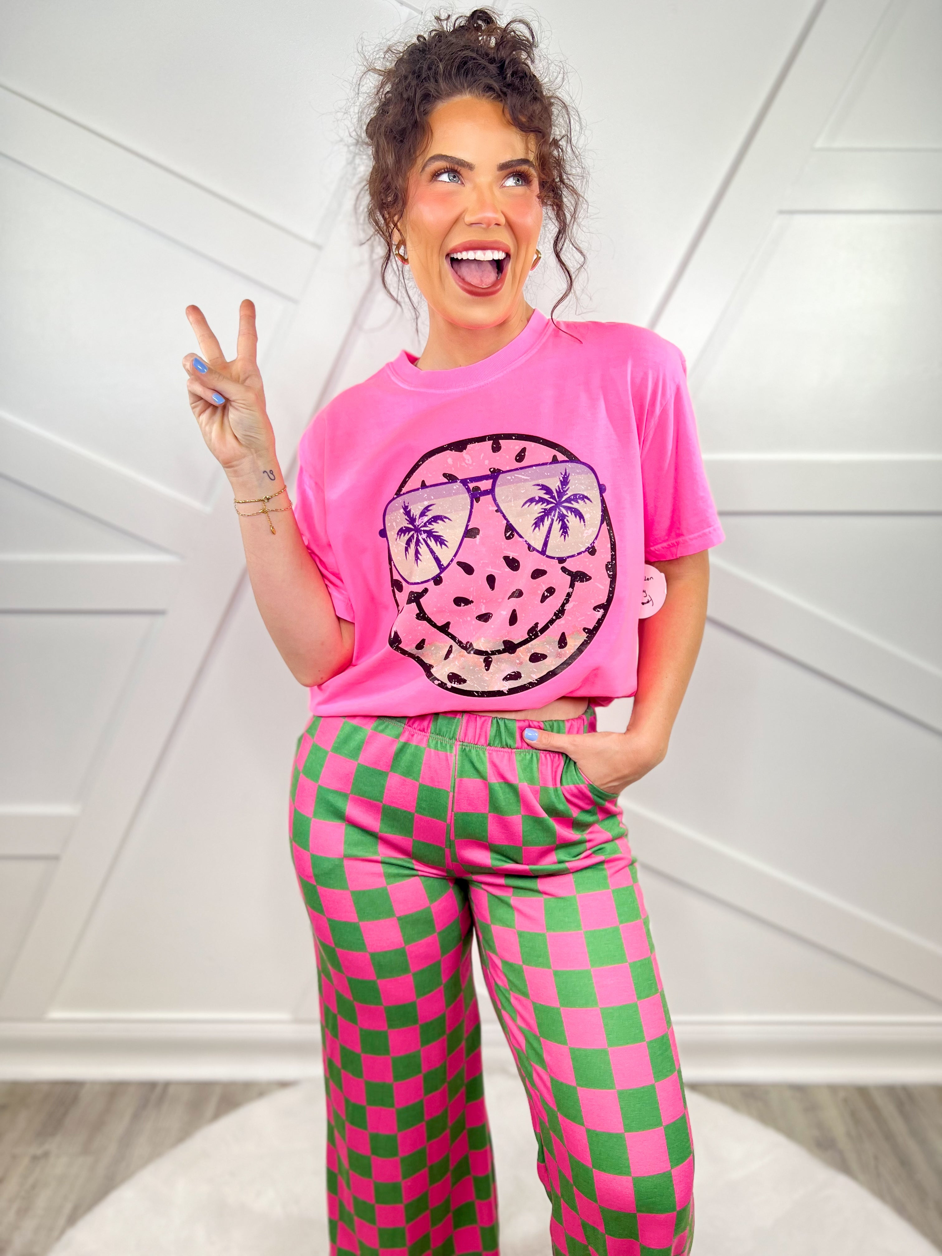 Watermelon Smiley Graphic Tee-130 Graphic Tees-Heathered Boho-Heathered Boho Boutique, Women's Fashion and Accessories in Palmetto, FL