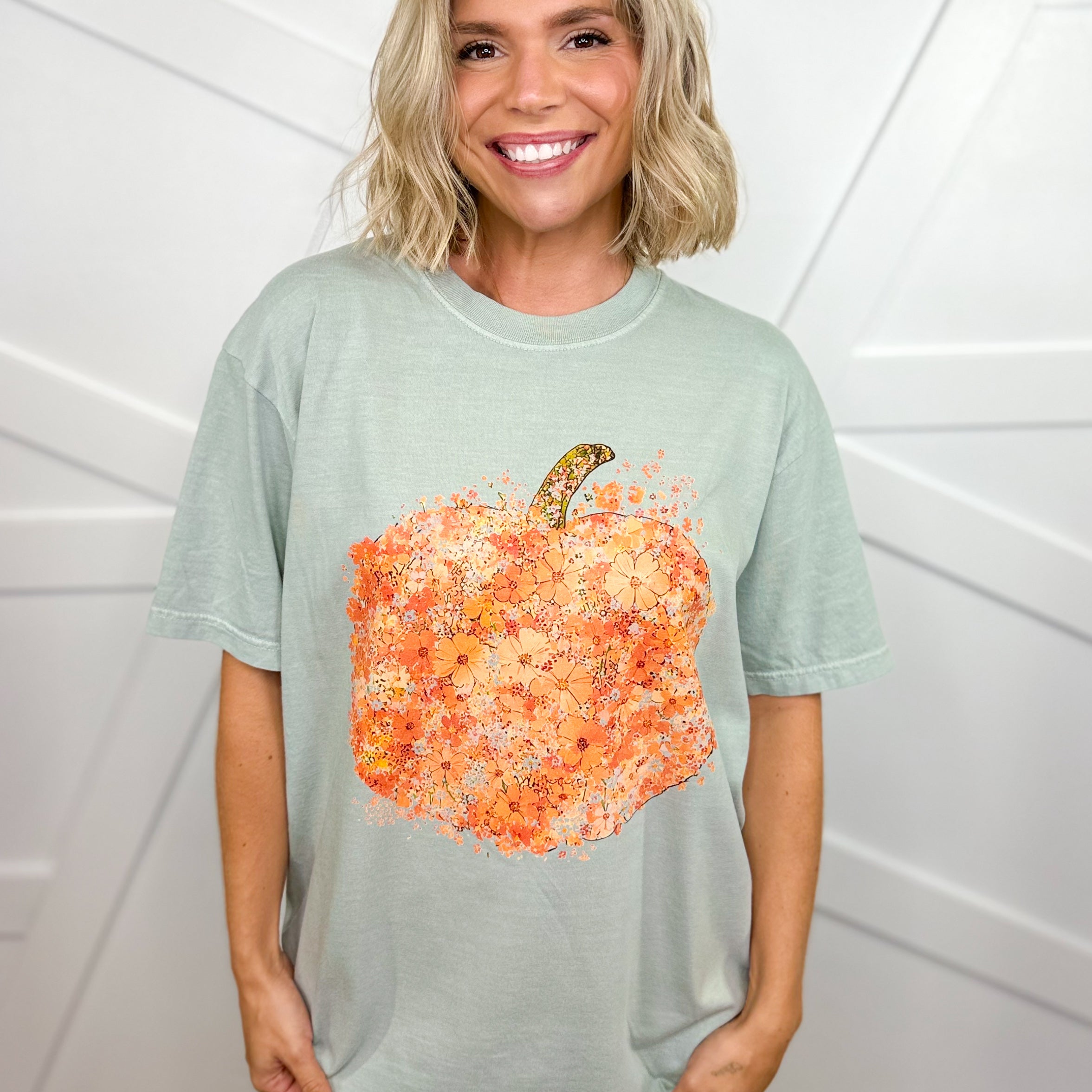 Floral Collage Pumpkin Graphic Tee-130 Graphic Tees-Heathered Boho-Heathered Boho Boutique, Women's Fashion and Accessories in Palmetto, FL