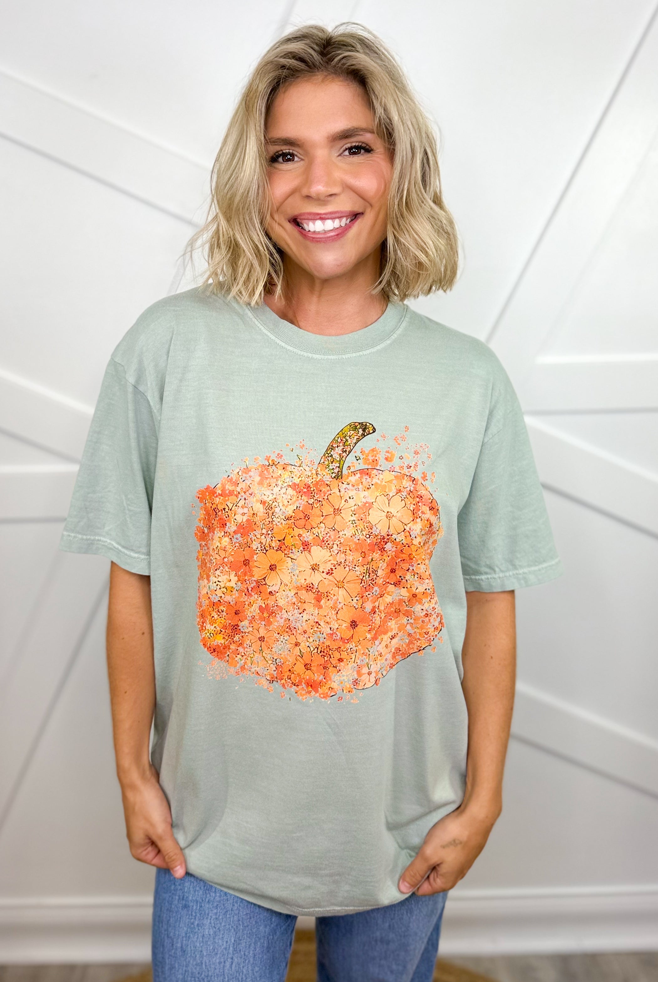 Floral Collage Pumpkin Graphic Tee-130 Graphic Tees-Heathered Boho-Heathered Boho Boutique, Women's Fashion and Accessories in Palmetto, FL