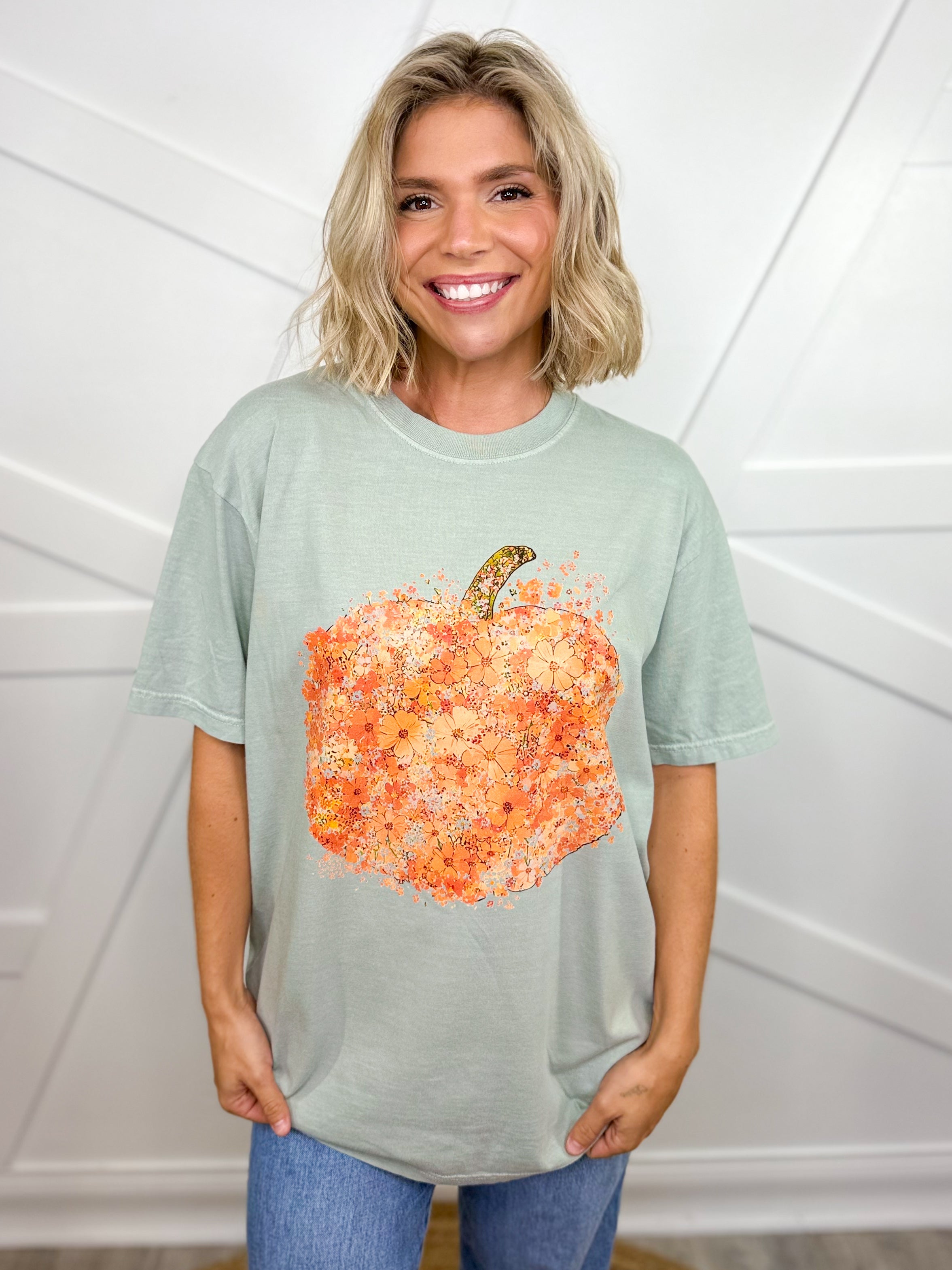 Floral Collage Pumpkin Graphic Tee-130 Graphic Tees-Heathered Boho-Heathered Boho Boutique, Women's Fashion and Accessories in Palmetto, FL