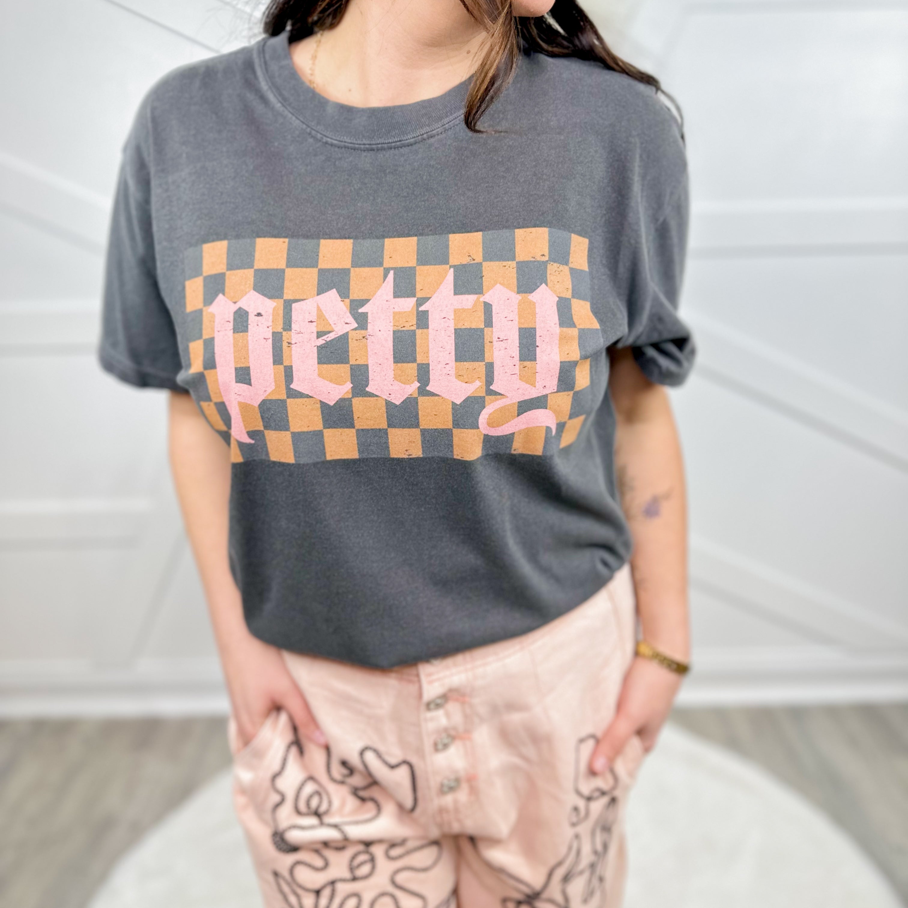 Checkered Petty Graphic Tee-130 Graphic Tees-Heathered Boho-Heathered Boho Boutique, Women's Fashion and Accessories in Palmetto, FL