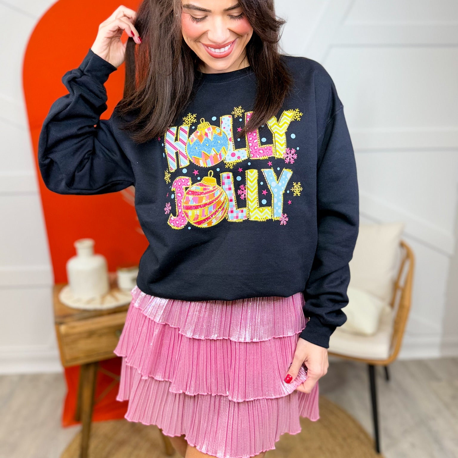 Holly Jolly Bling Sweatshirt-125 Sweater-Lucky & Blessed Life-Heathered Boho Boutique, Women's Fashion and Accessories in Palmetto, FL