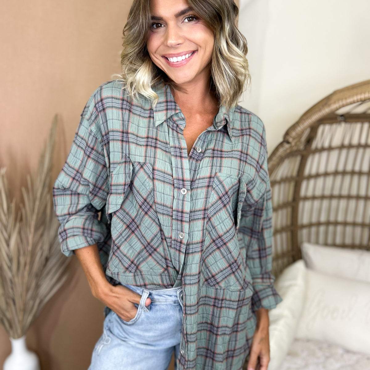 Restock: Plaid Intentions Button Down Top-120 LONG SLEEVE TOPS-HEIMISH-Heathered Boho Boutique, Women's Fashion and Accessories in Palmetto, FL