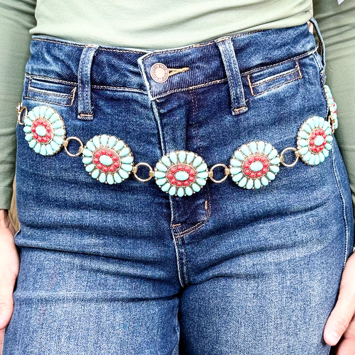 Western Turquoise Concho Disc Chain Belt-340 Other Accessories-Fame Accessories-Heathered Boho Boutique, Women's Fashion and Accessories in Palmetto, FL