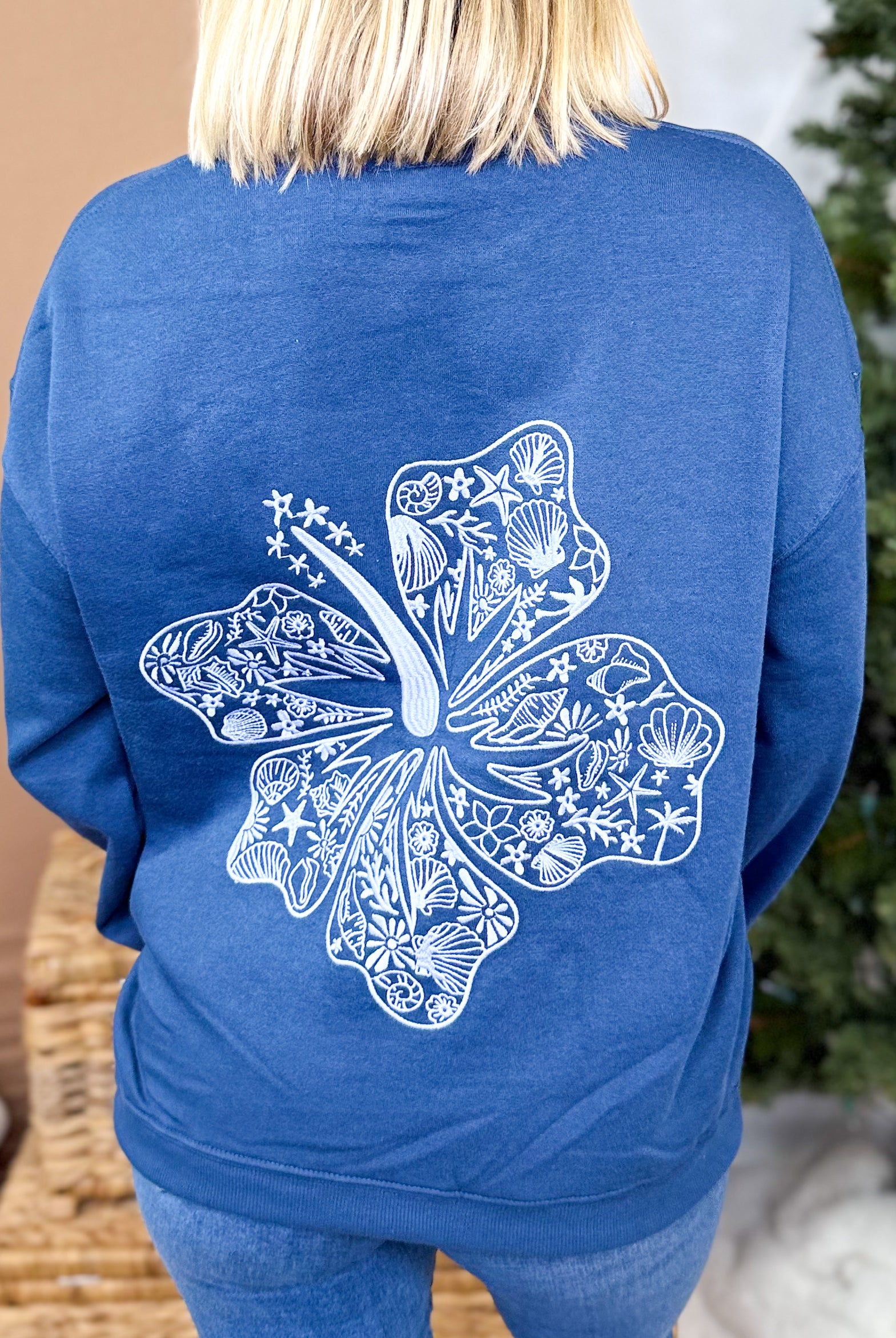 Hibiscus Embroidered Sweatshirt-120 Long Sleeve Tops-Reflex-Heathered Boho Boutique, Women's Fashion and Accessories in Palmetto, FL