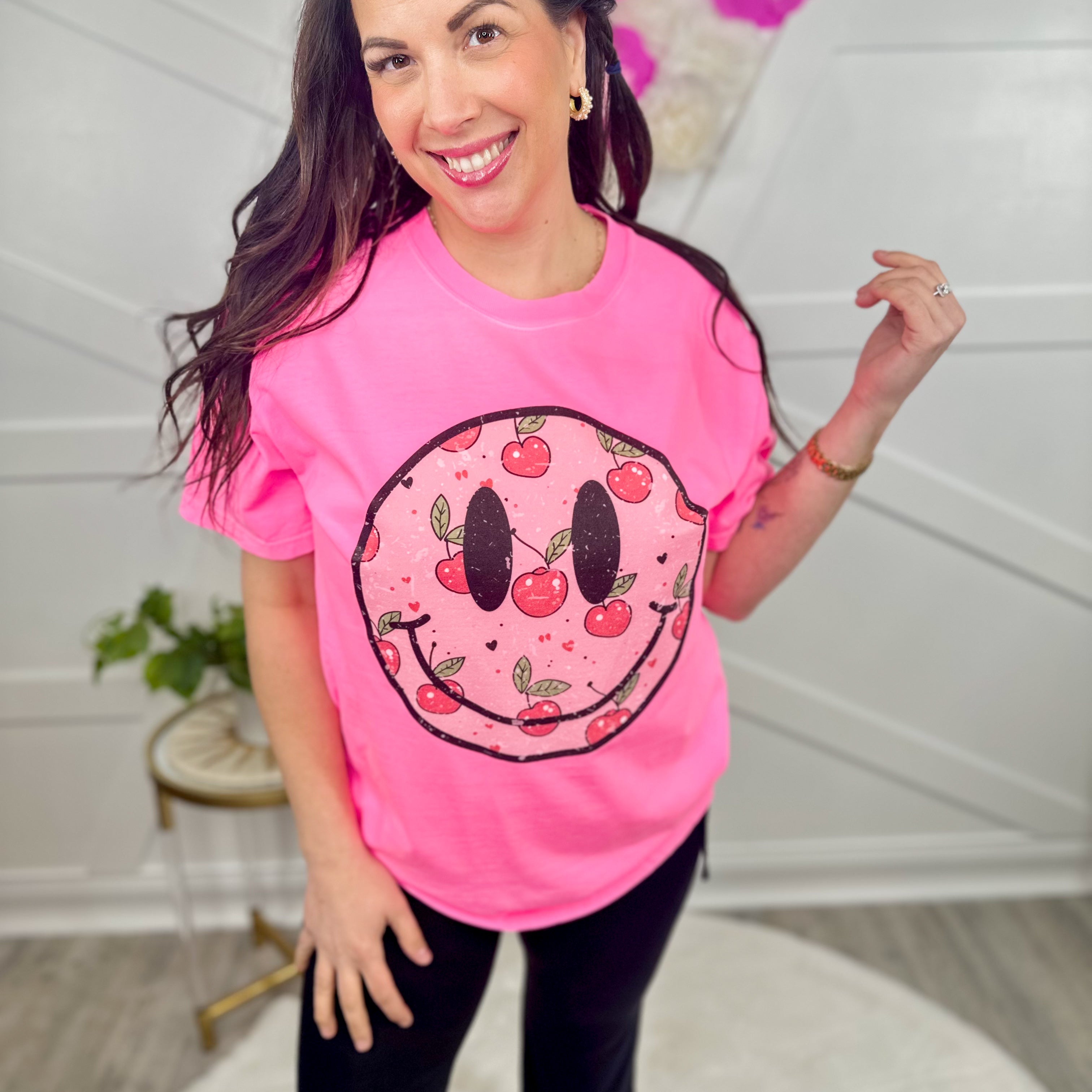 Cherry Smiley Face Graphic Tee-130 Graphic Tees-Heathered Boho-Heathered Boho Boutique, Women's Fashion and Accessories in Palmetto, FL