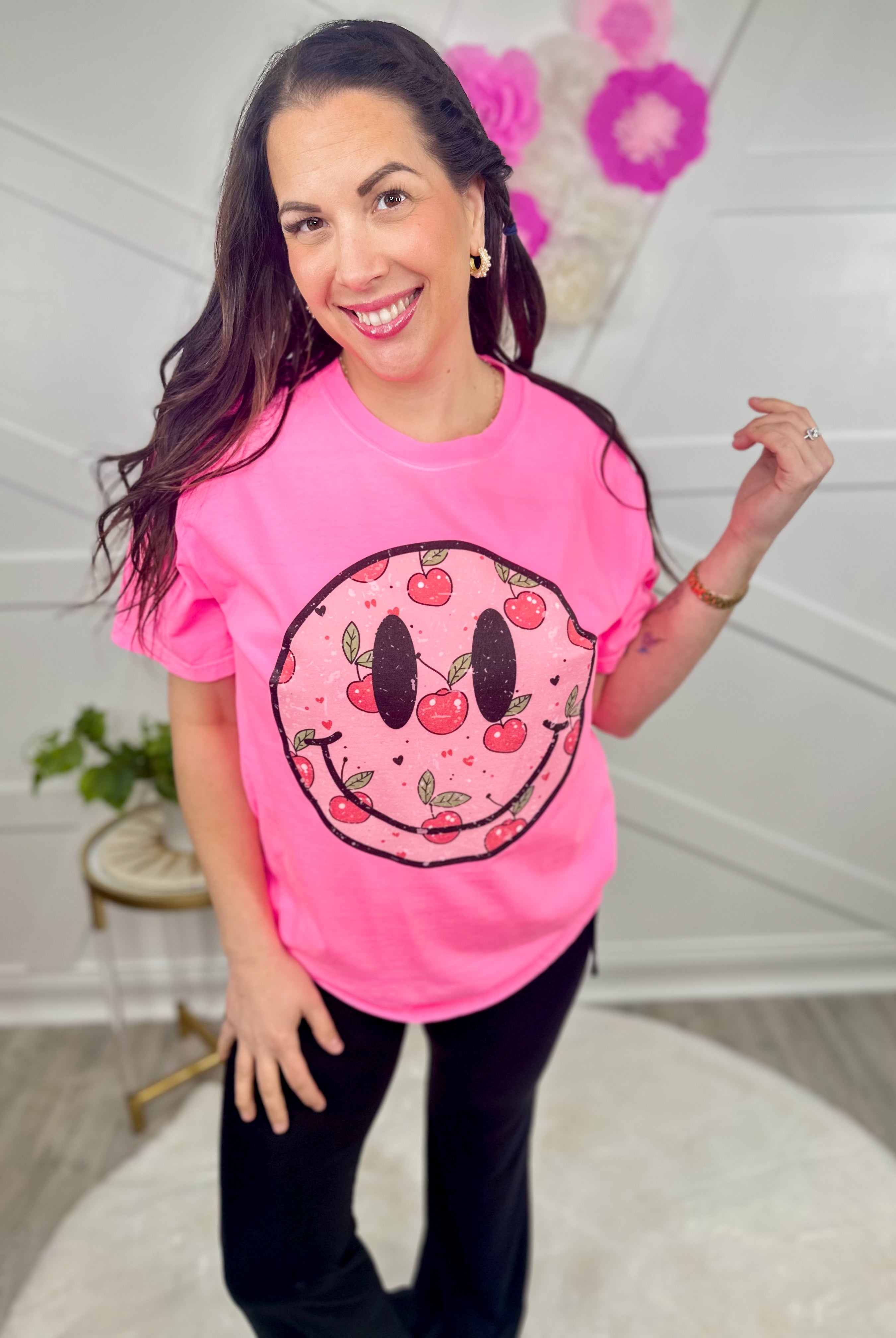 Cherry Smiley Face Graphic Tee-130 Graphic Tees-Heathered Boho-Heathered Boho Boutique, Women's Fashion and Accessories in Palmetto, FL