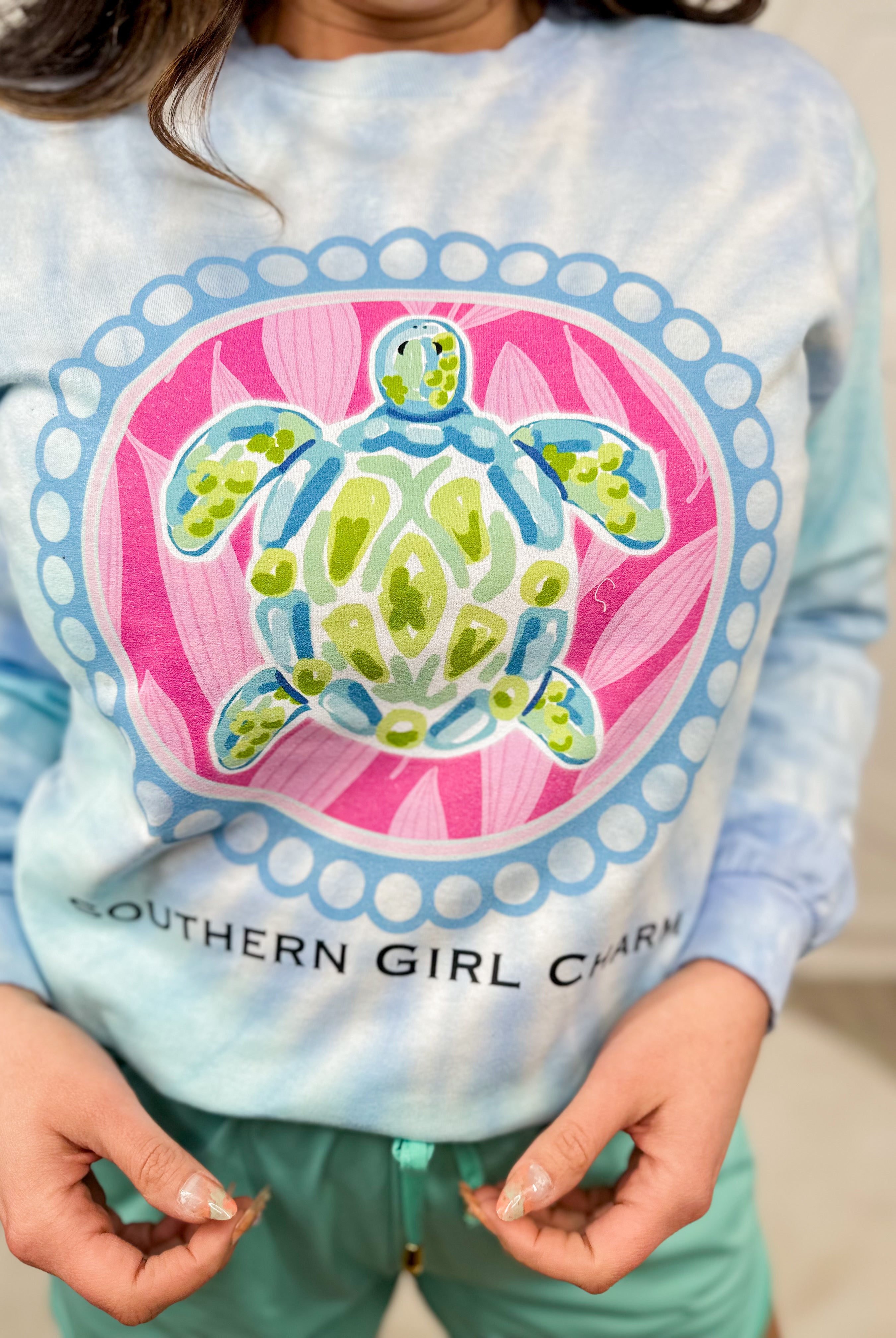 Southern Girl Charm Turtle Graphic Long Sleeve - Lagoon-130 Graphic Tees-Heathered Boho-Heathered Boho Boutique, Women's Fashion and Accessories in Palmetto, FL