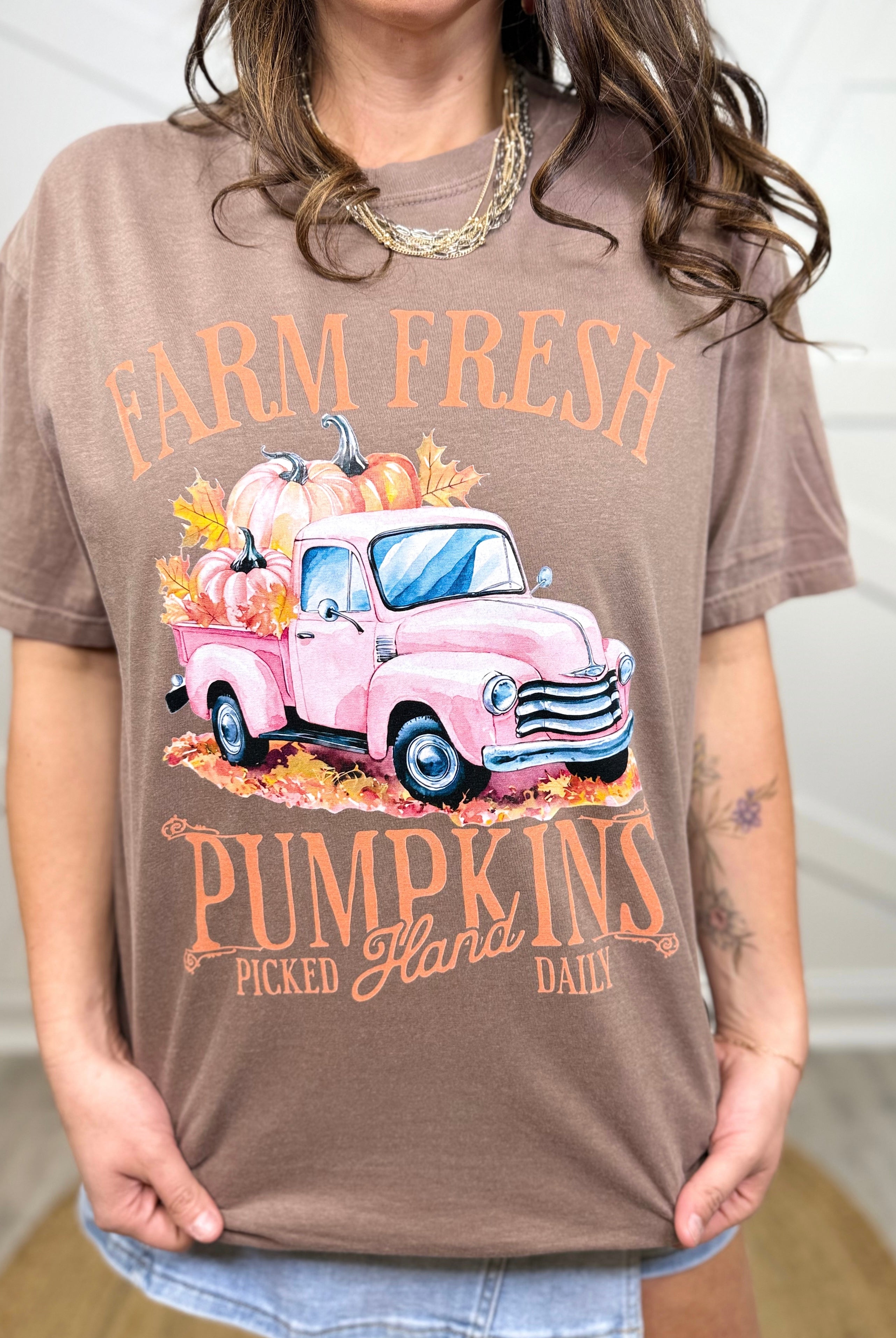 Pink Farm Fresh Pumpkins Graphic Tee-130 Graphic Tees-Heathered Boho-Heathered Boho Boutique, Women's Fashion and Accessories in Palmetto, FL