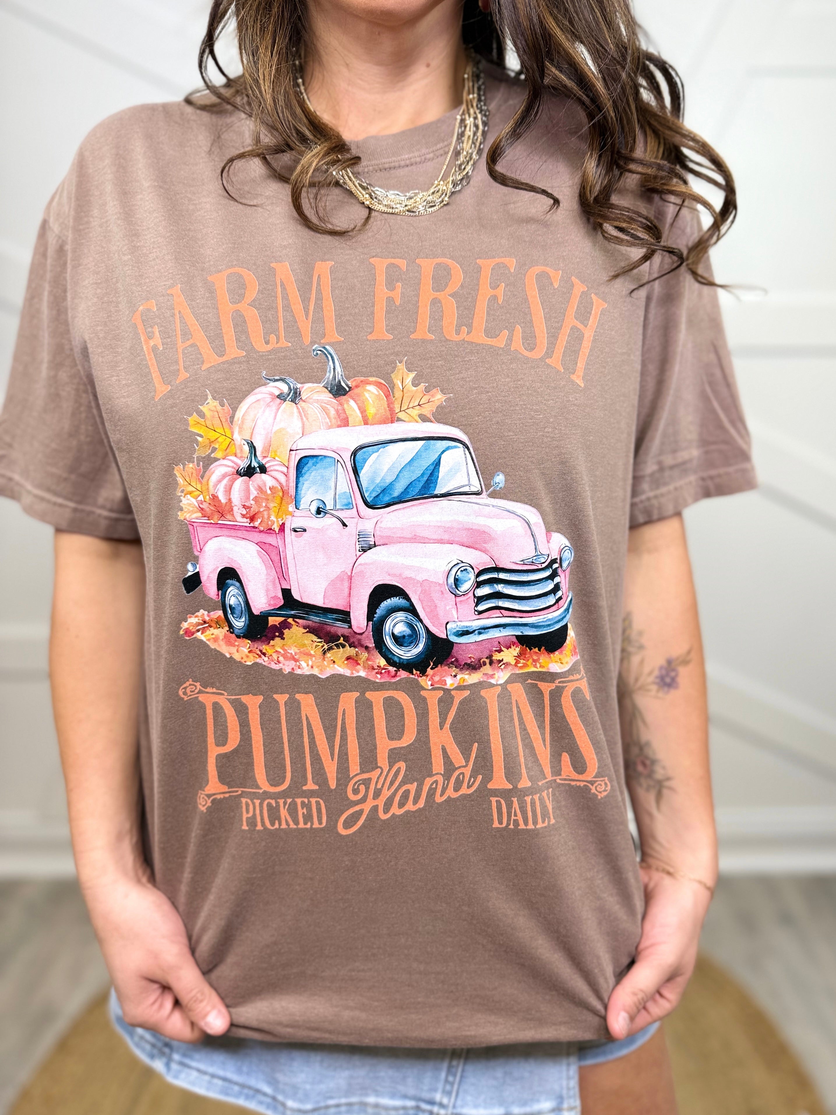 Pink Farm Fresh Pumpkins Graphic Tee-130 Graphic Tees-Heathered Boho-Heathered Boho Boutique, Women's Fashion and Accessories in Palmetto, FL