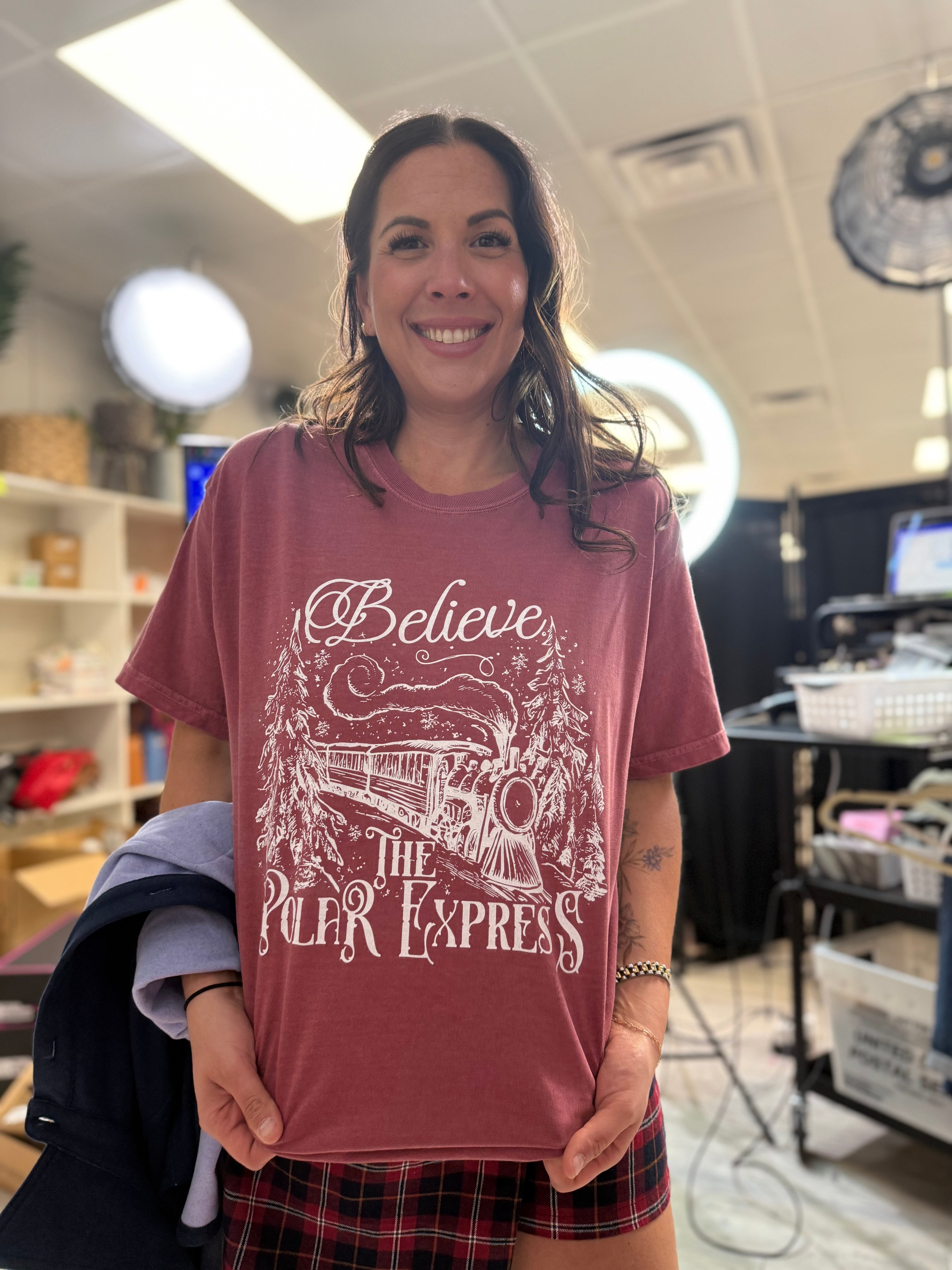 Believe The Polar Express Graphic Tee-Brick-130 Graphic Tees-Heathered Boho-Heathered Boho Boutique, Women's Fashion and Accessories in Palmetto, FL