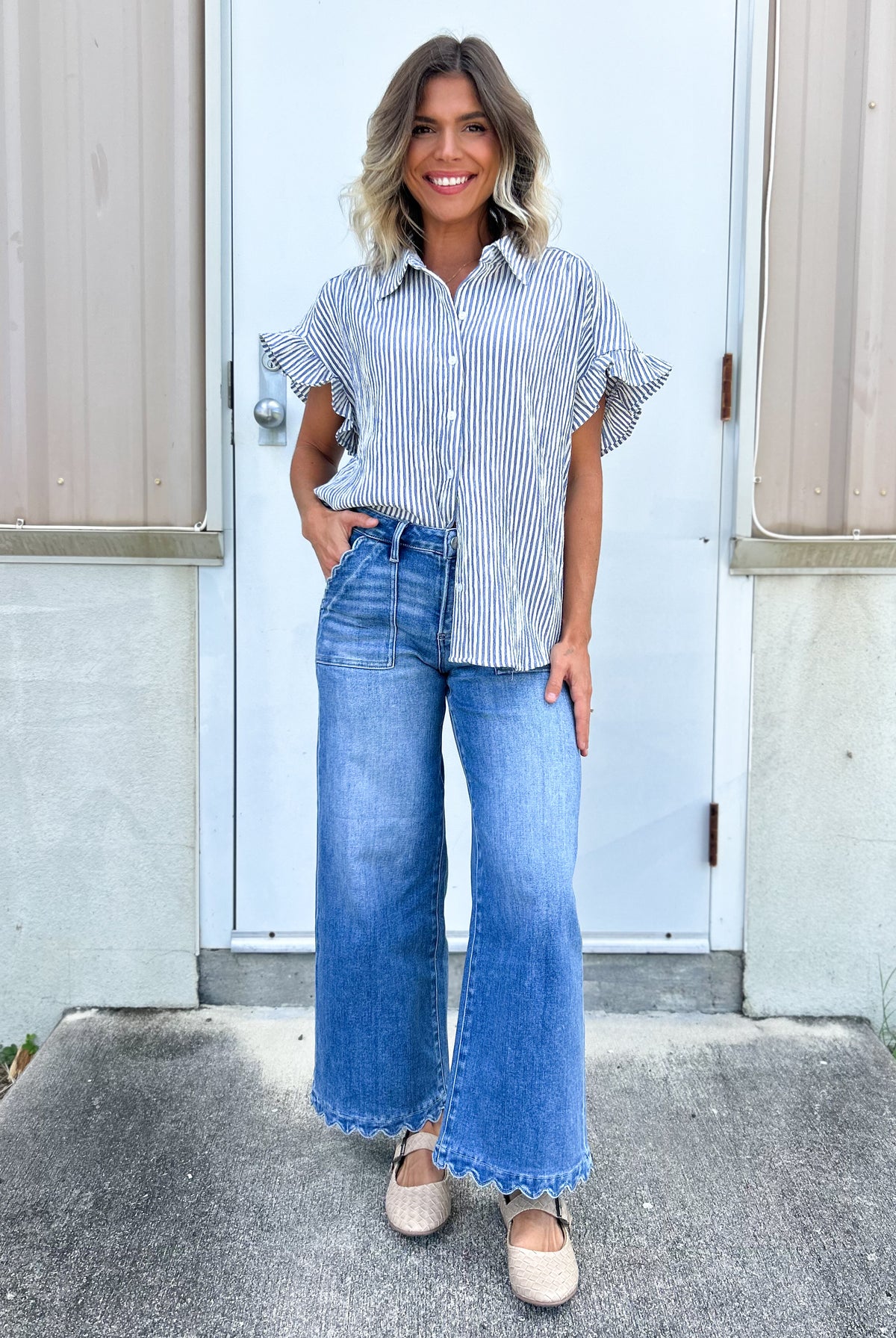 Scalloped & Styled Wide Leg Jeans By Risen-190 JEANS-RISEN-Heathered Boho Boutique, Women's Fashion and Accessories in Palmetto, FL
