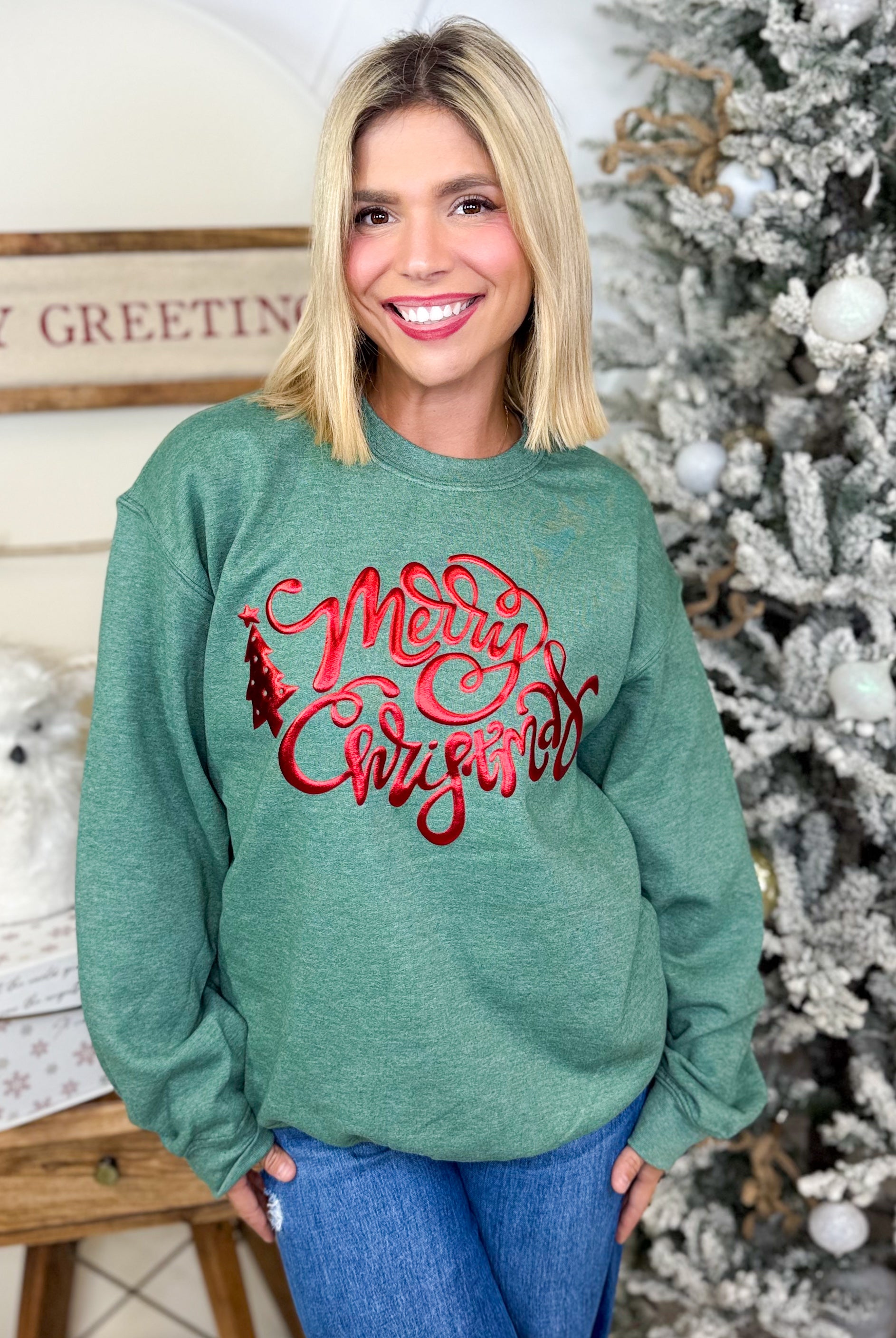 Merry Christmas Metallic Puff Graphic Sweatshirt-130 Graphic Tees-SUGAR STITCH-Heathered Boho Boutique, Women's Fashion and Accessories in Palmetto, FL