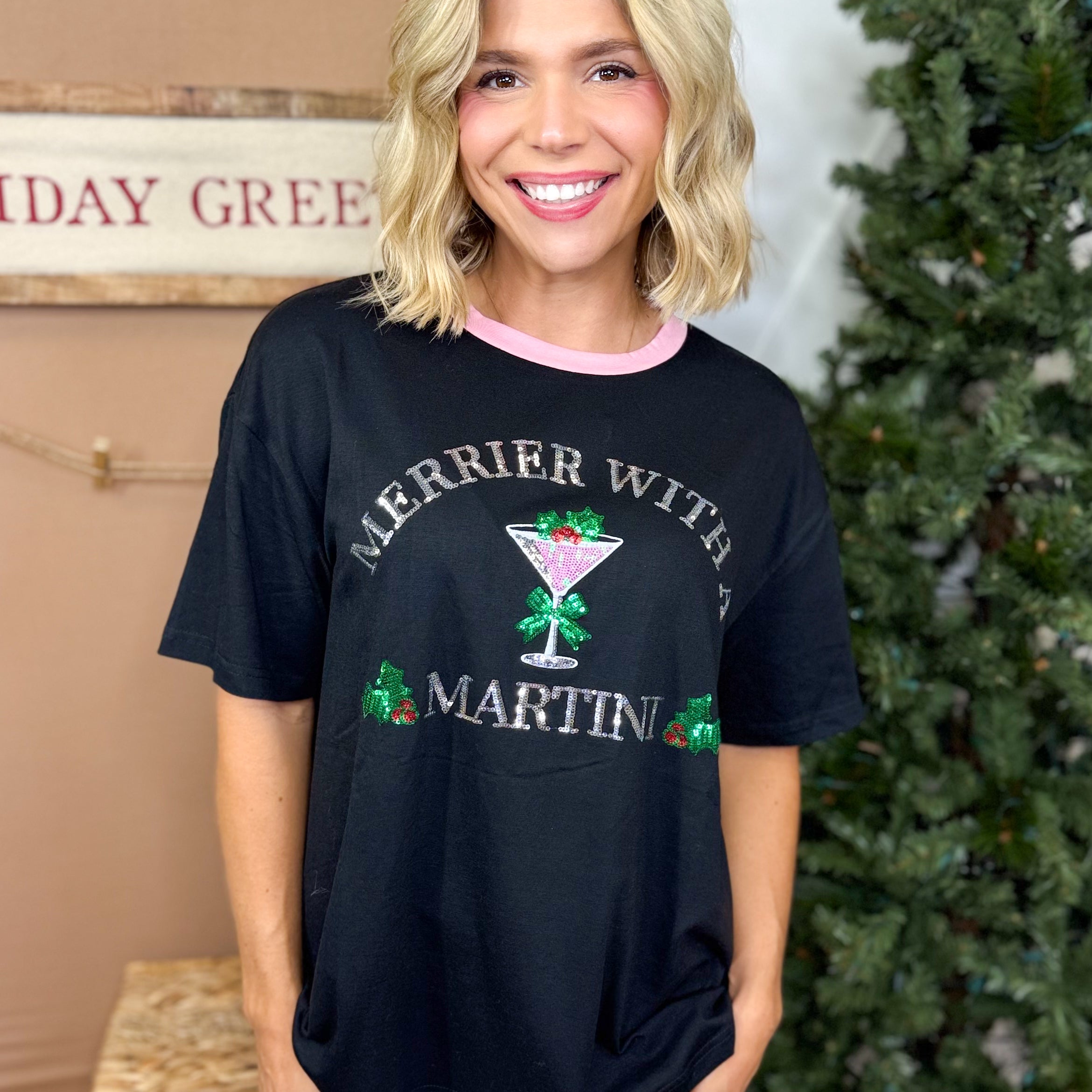 Merrier with a Martini Sequin Embroidered Tee-130 Graphic Tees-JESS LEA-Heathered Boho Boutique, Women's Fashion and Accessories in Palmetto, FL