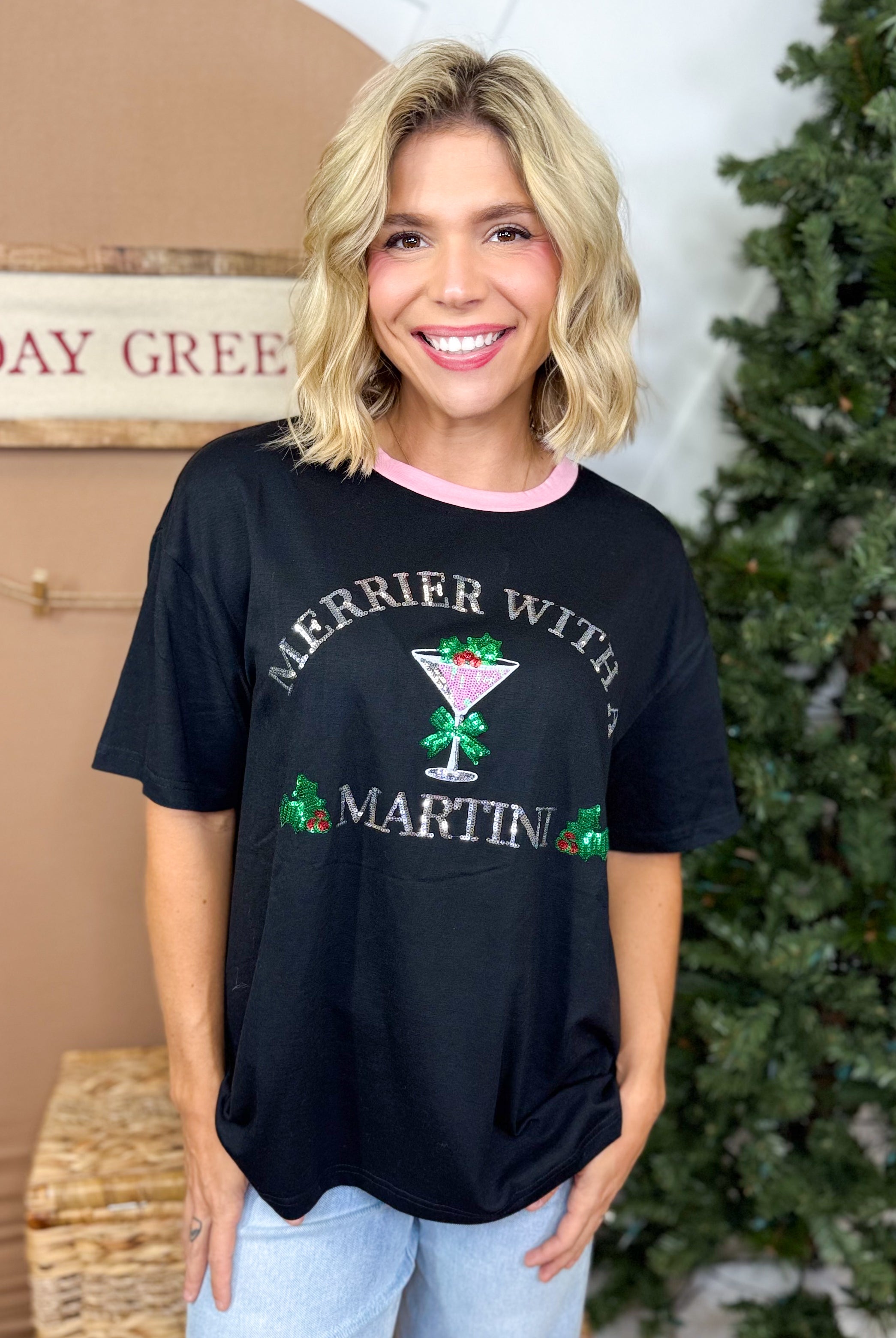 Merrier with a Martini Sequin Embroidered Tee-130 Graphic Tees-JESS LEA-Heathered Boho Boutique, Women's Fashion and Accessories in Palmetto, FL