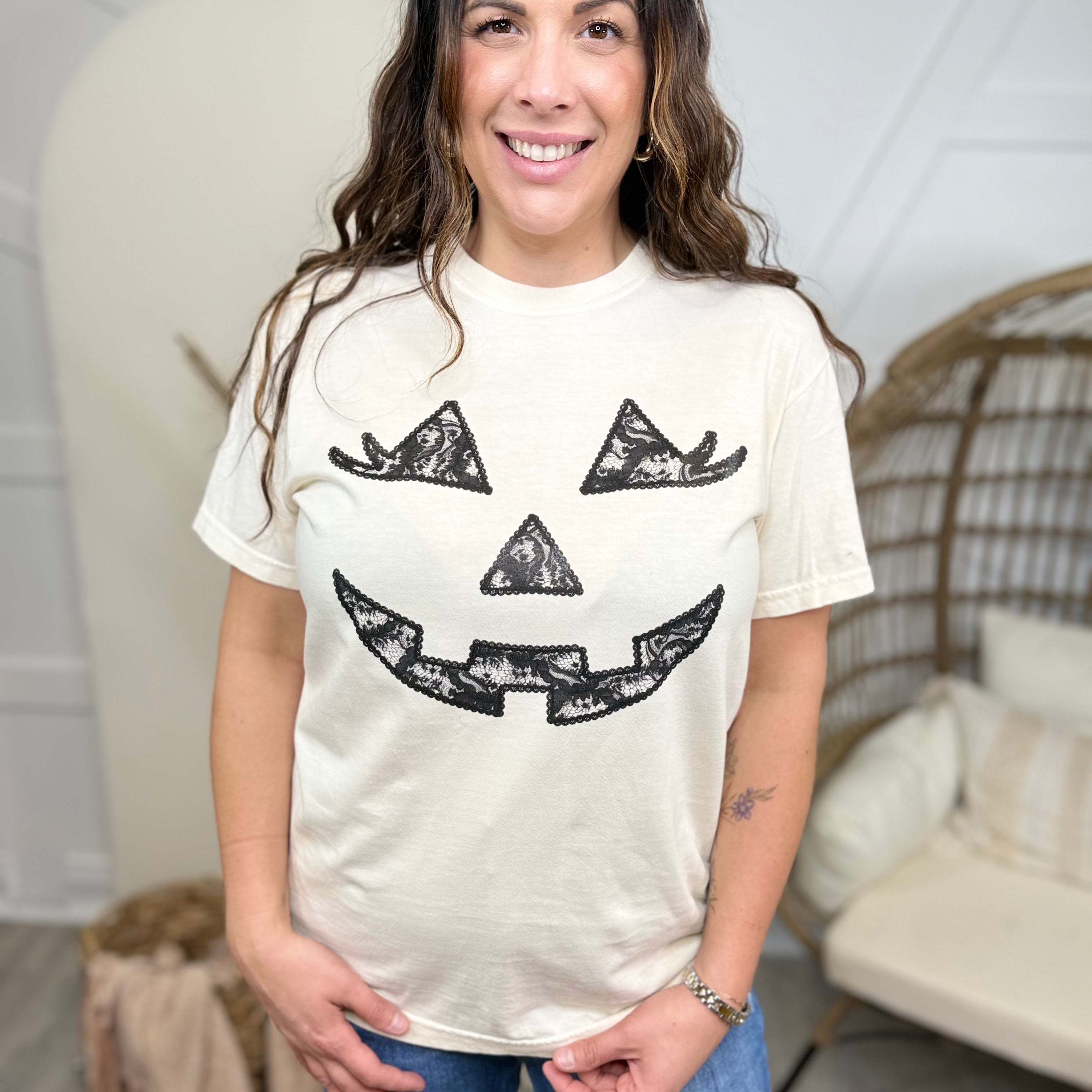 Lace Pumpkin Face Graphic Tee - Ivory-130 Graphic Tees-Heathered Boho-Heathered Boho Boutique, Women's Fashion and Accessories in Palmetto, FL
