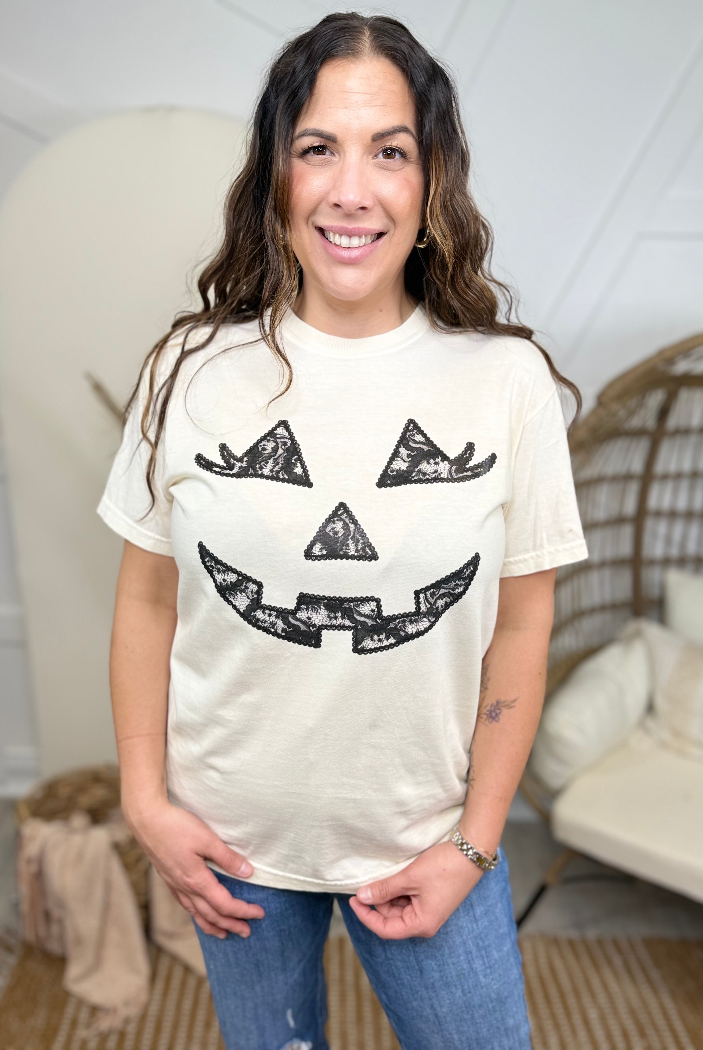 Lace Pumpkin Face Graphic Tee - Ivory-130 Graphic Tees-Heathered Boho-Heathered Boho Boutique, Women's Fashion and Accessories in Palmetto, FL