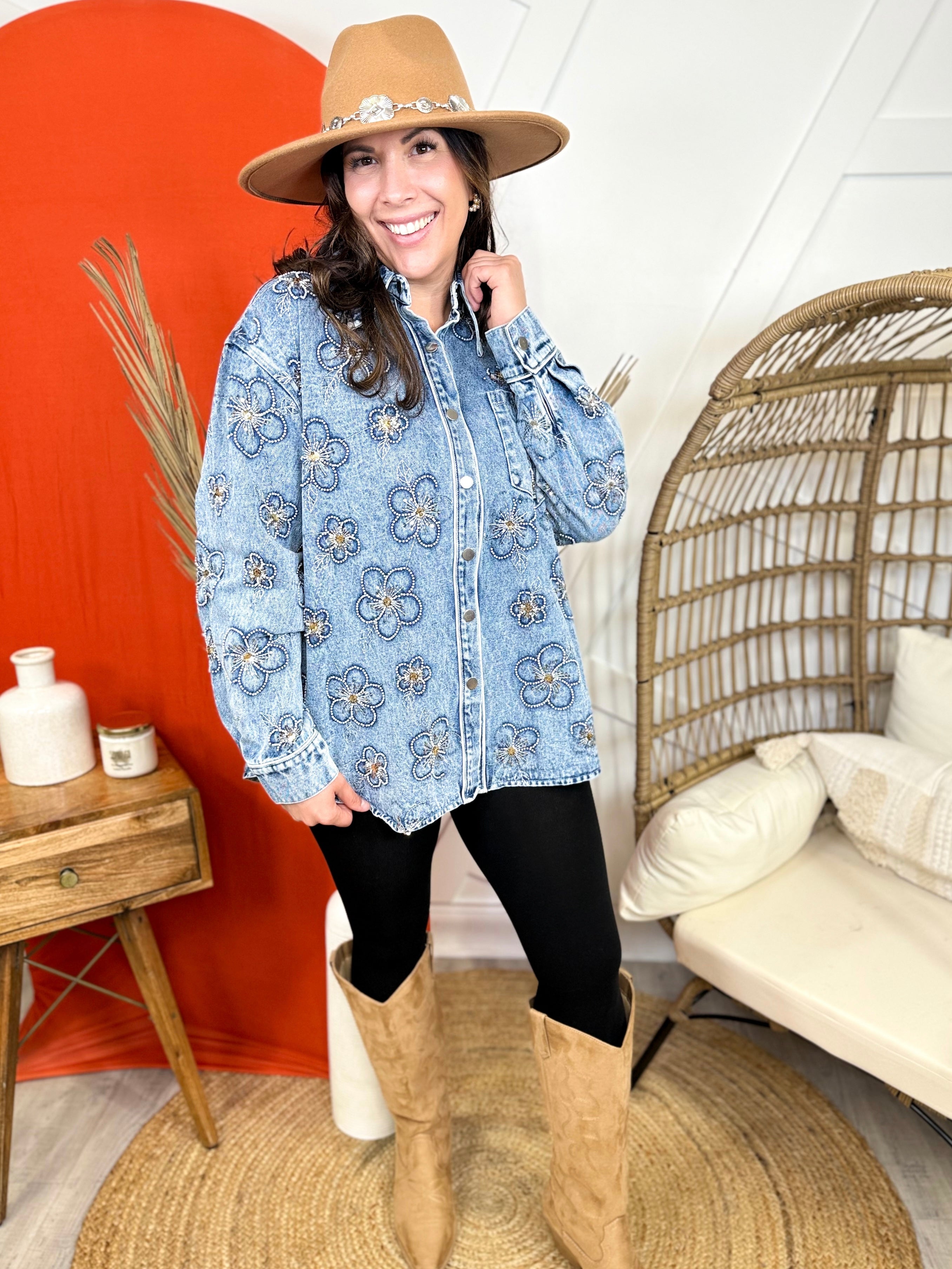 Favorite Things Floral Button Down Denim Jacket-200 JACKETS/SHACKETS-La Ros-Heathered Boho Boutique, Women's Fashion and Accessories in Palmetto, FL