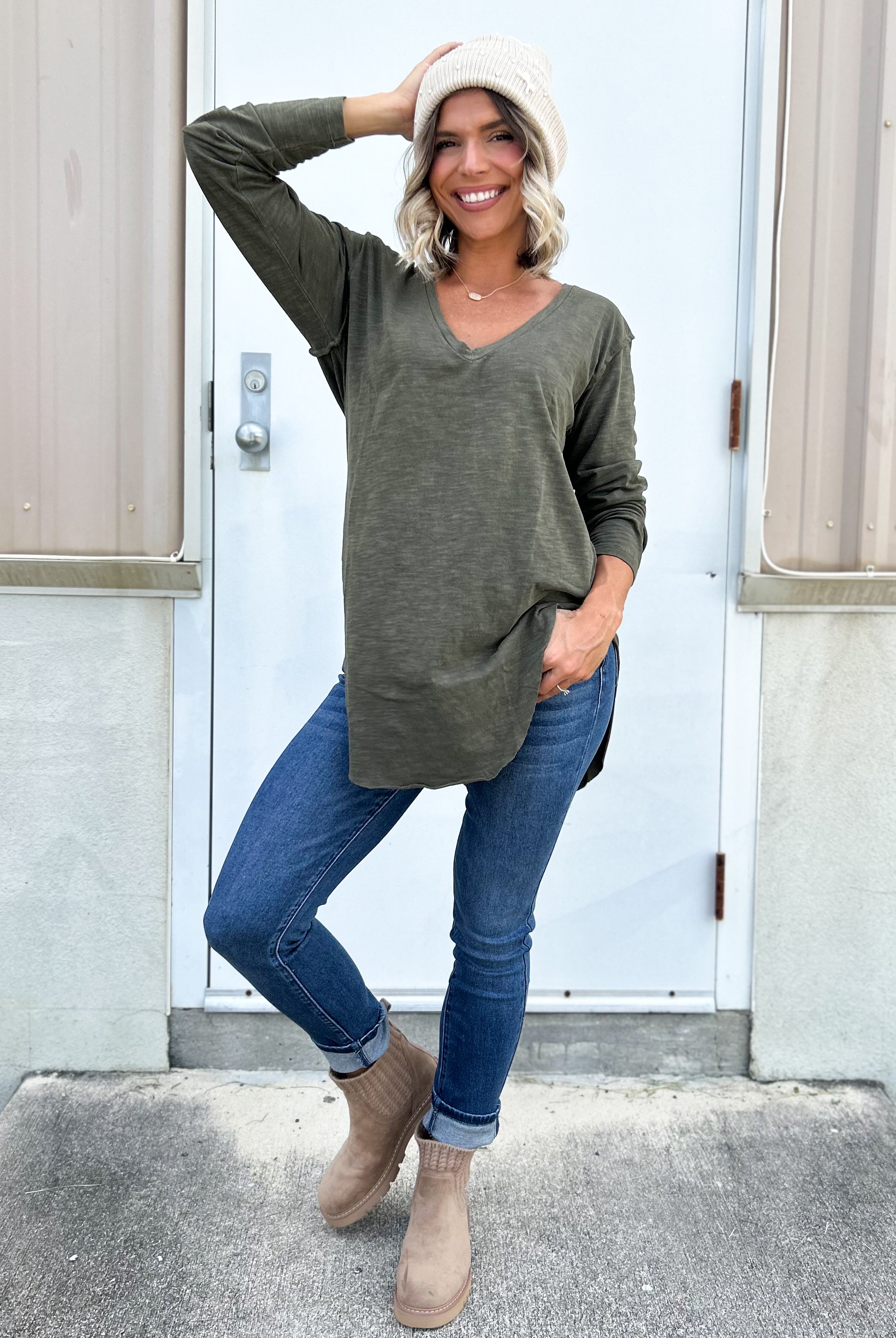 The Free Spirit Side Slit Tee-120 Long Sleeve Tops-Pebby Forevee-Heathered Boho Boutique, Women's Fashion and Accessories in Palmetto, FL