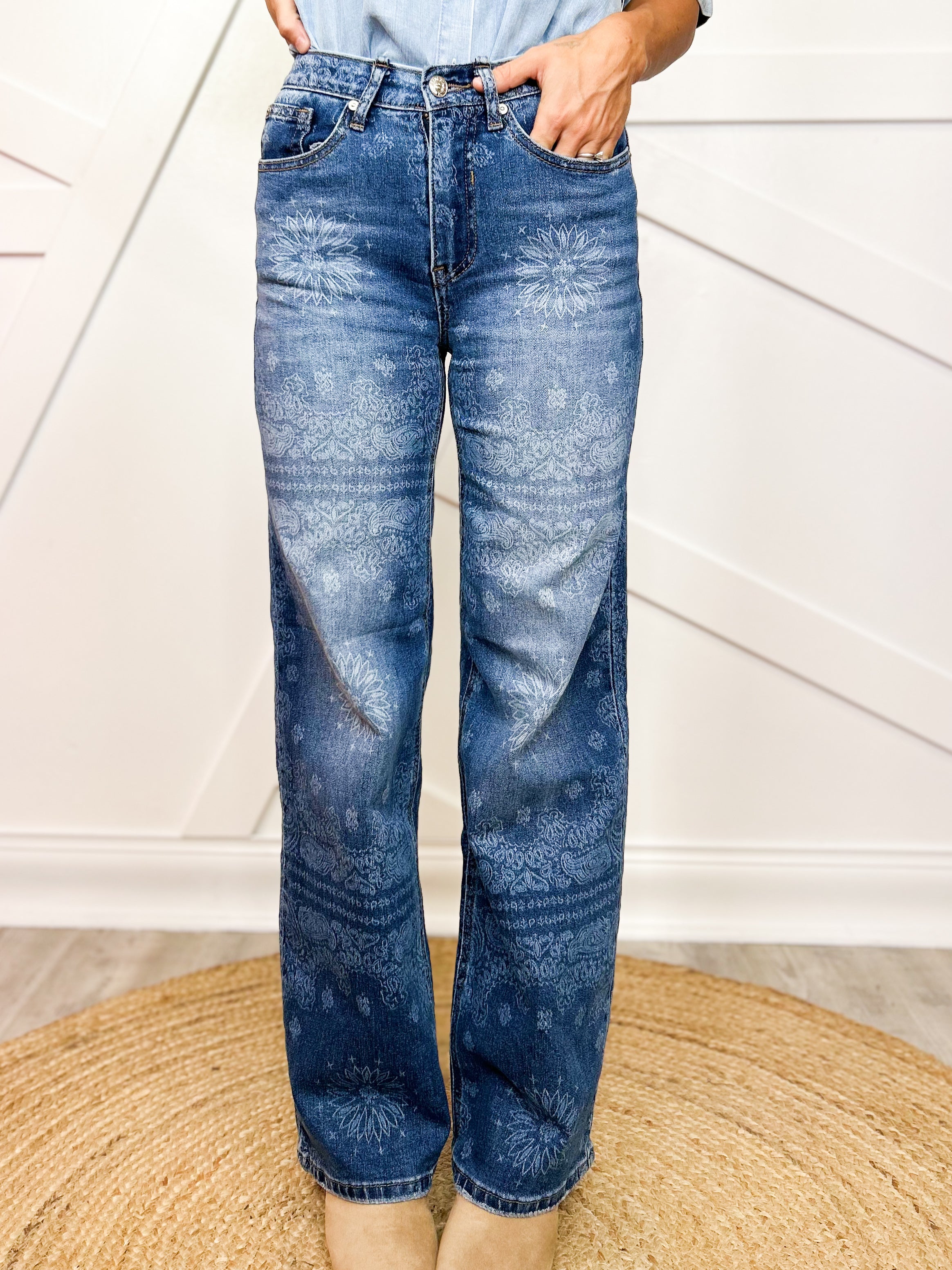 The Bluebell Bandana Straight Leg Jeans By Saige-190 JEANS-SAIGE DENIM-Heathered Boho Boutique, Women's Fashion and Accessories in Palmetto, FL
