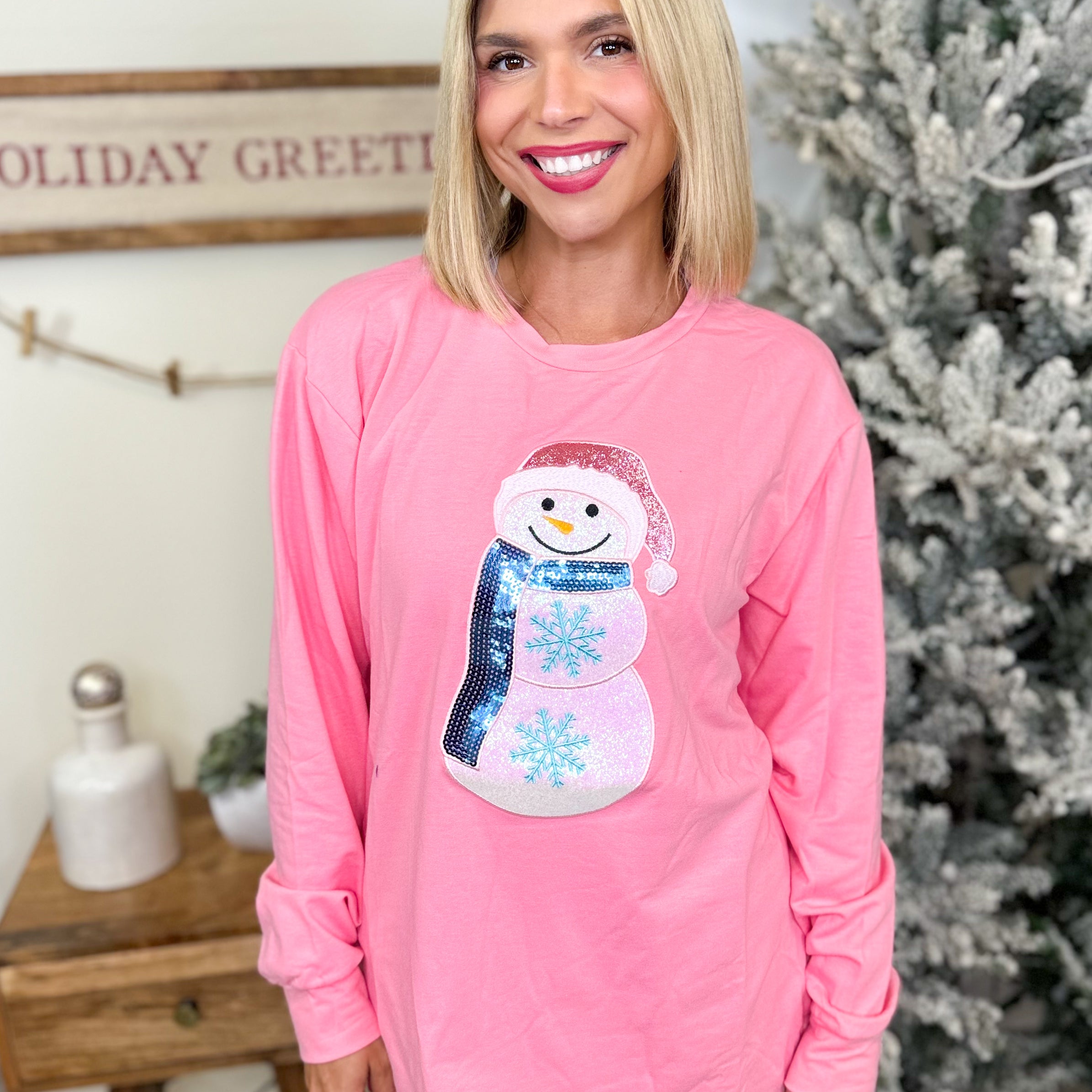 Glitter Snowman Sweatshirt-120 LONG SLEEVE TOPS-SOUTHERN GRACE-Heathered Boho Boutique, Women's Fashion and Accessories in Palmetto, FL