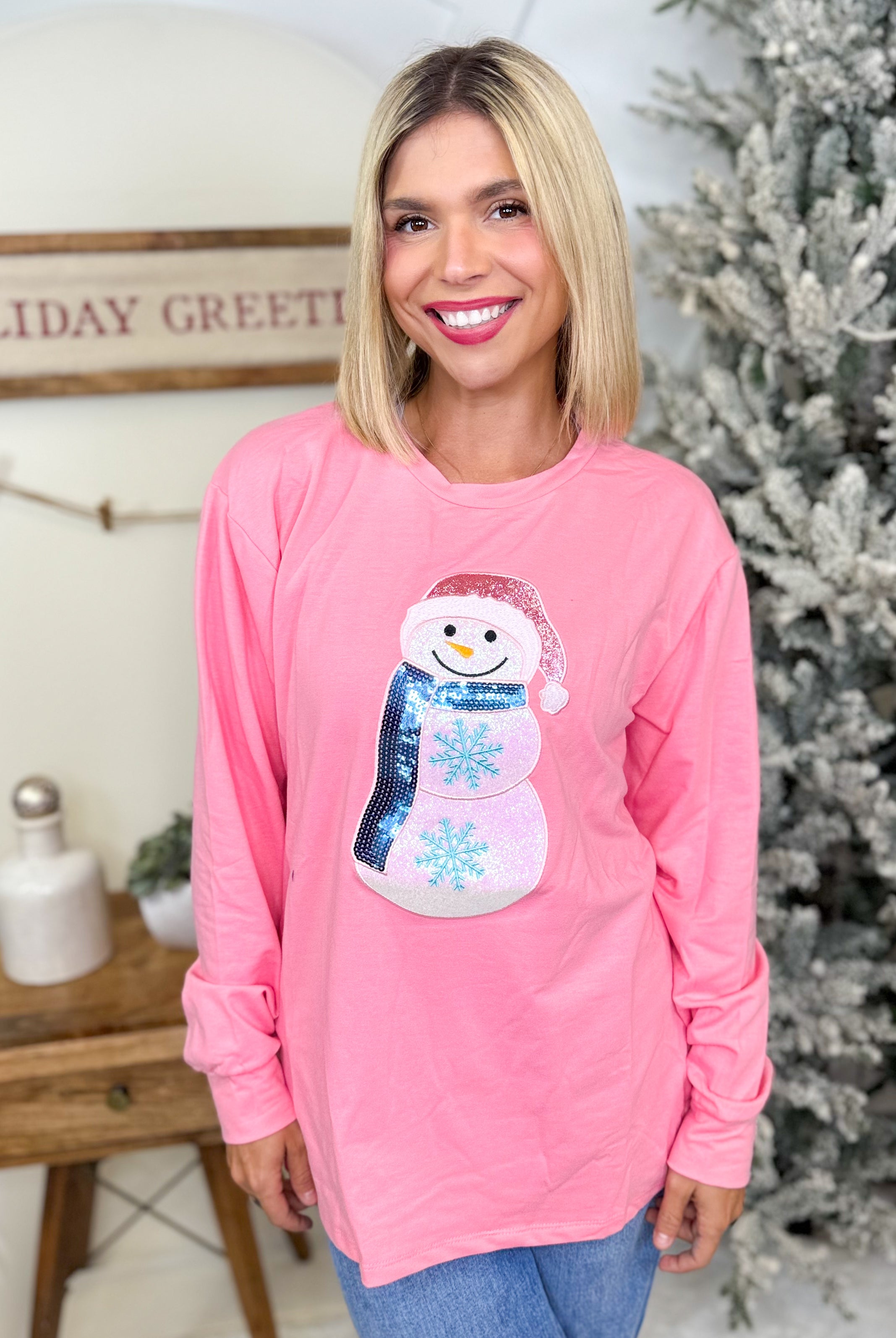 Glitter Snowman Sweatshirt-120 LONG SLEEVE TOPS-SOUTHERN GRACE-Heathered Boho Boutique, Women's Fashion and Accessories in Palmetto, FL