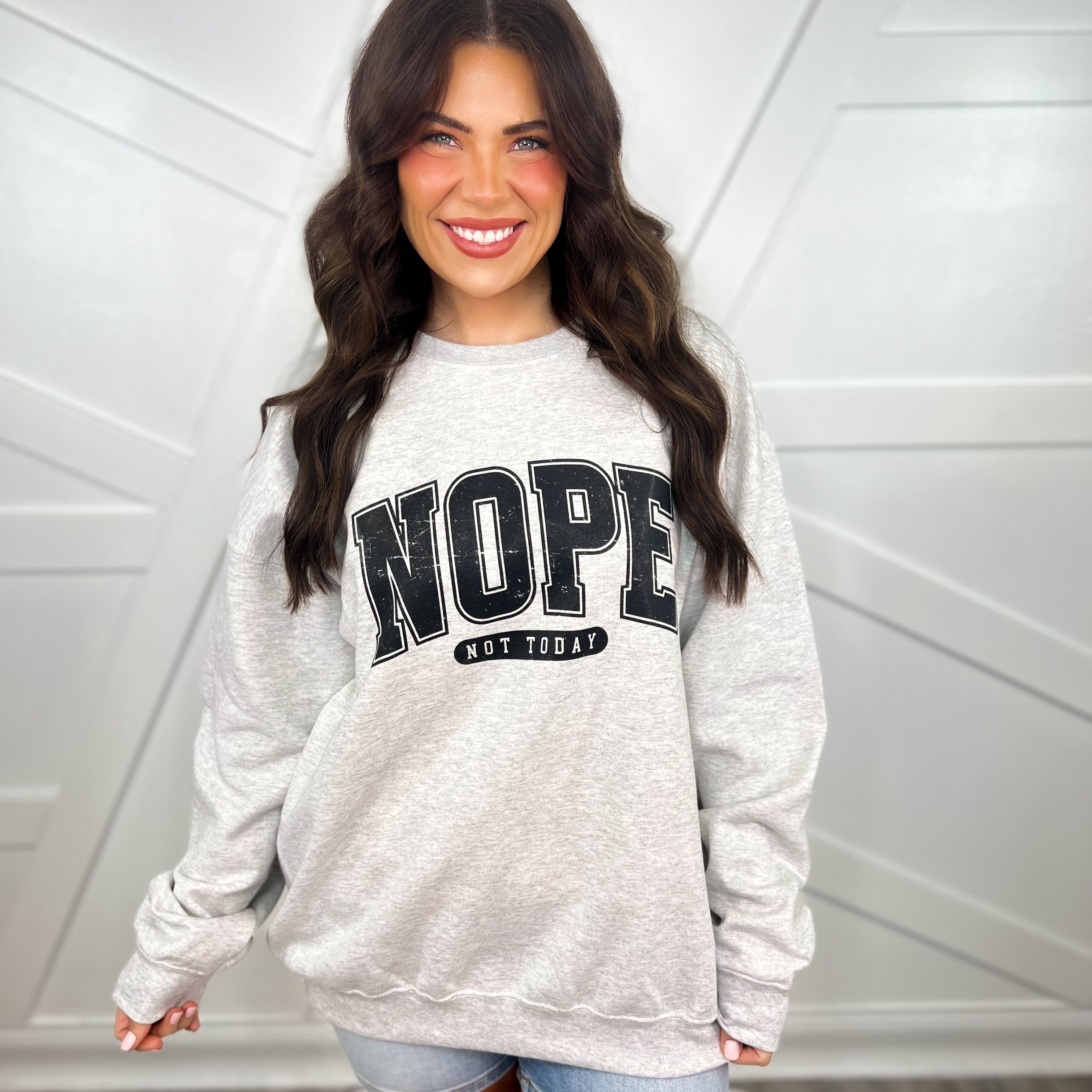 NOPE Not Today Graphic Crewneck with V CUT Sweatshirt-130 Graphic Tees-Heathered Boho-Heathered Boho Boutique, Women's Fashion and Accessories in Palmetto, FL